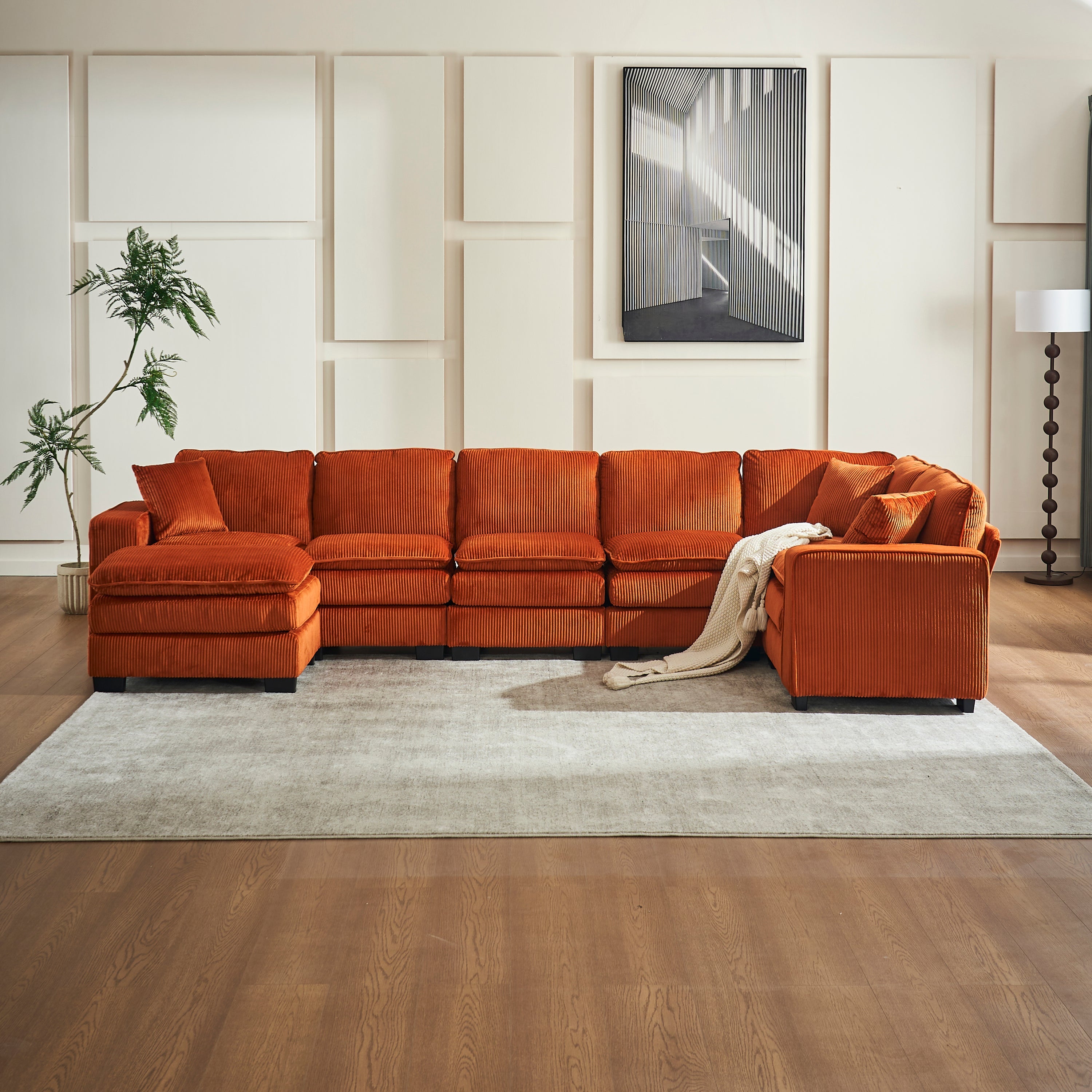 Modern U Shaped 6-seat Sectional Sofa Couch with one Ottoman and three toss pillows ,Modular Sofa for Living Room,Corduroy sofa