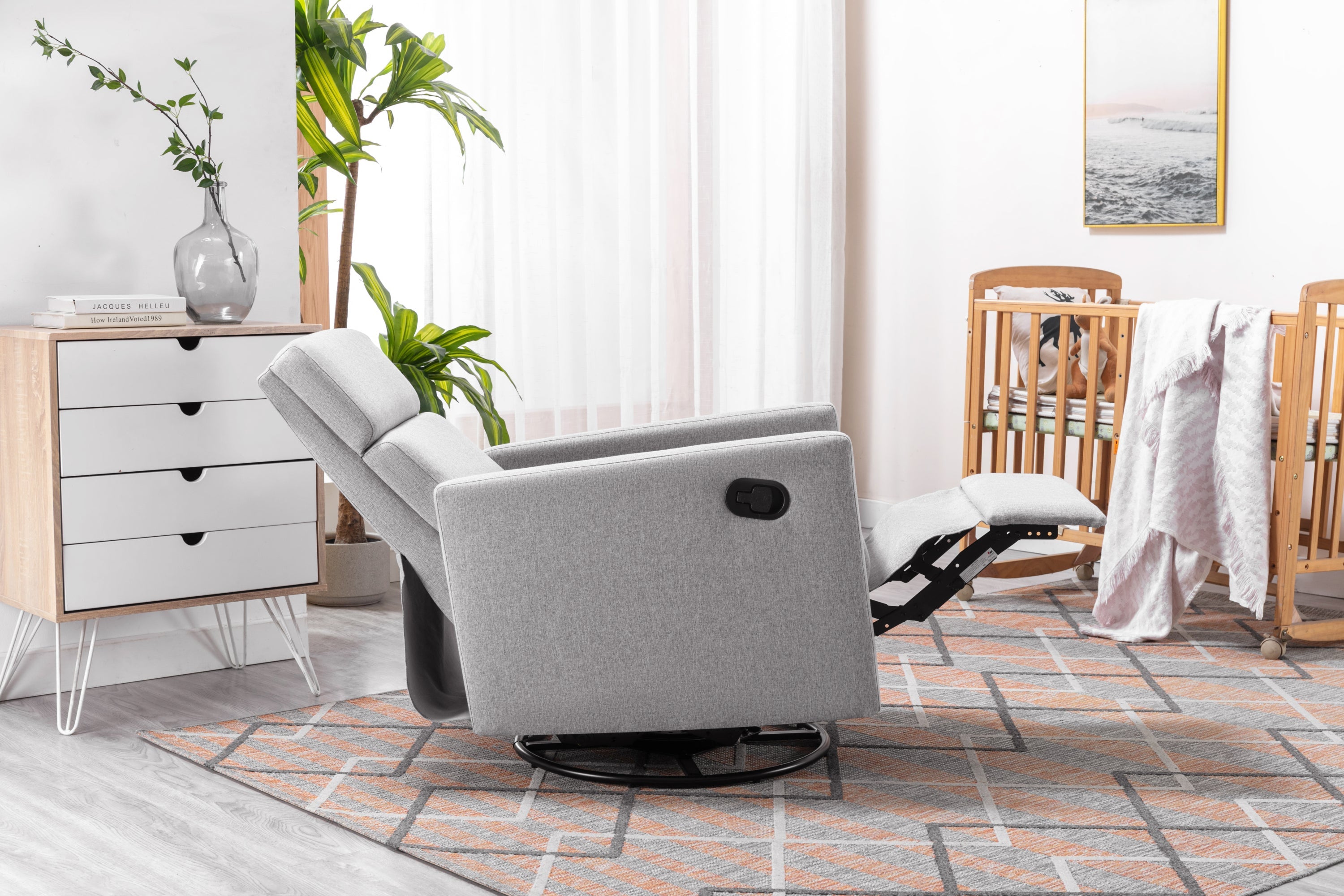 Modern Upholstered Rocker Nursery Chair Plush Seating Glider Swivel Recliner Chair, Gray Linen