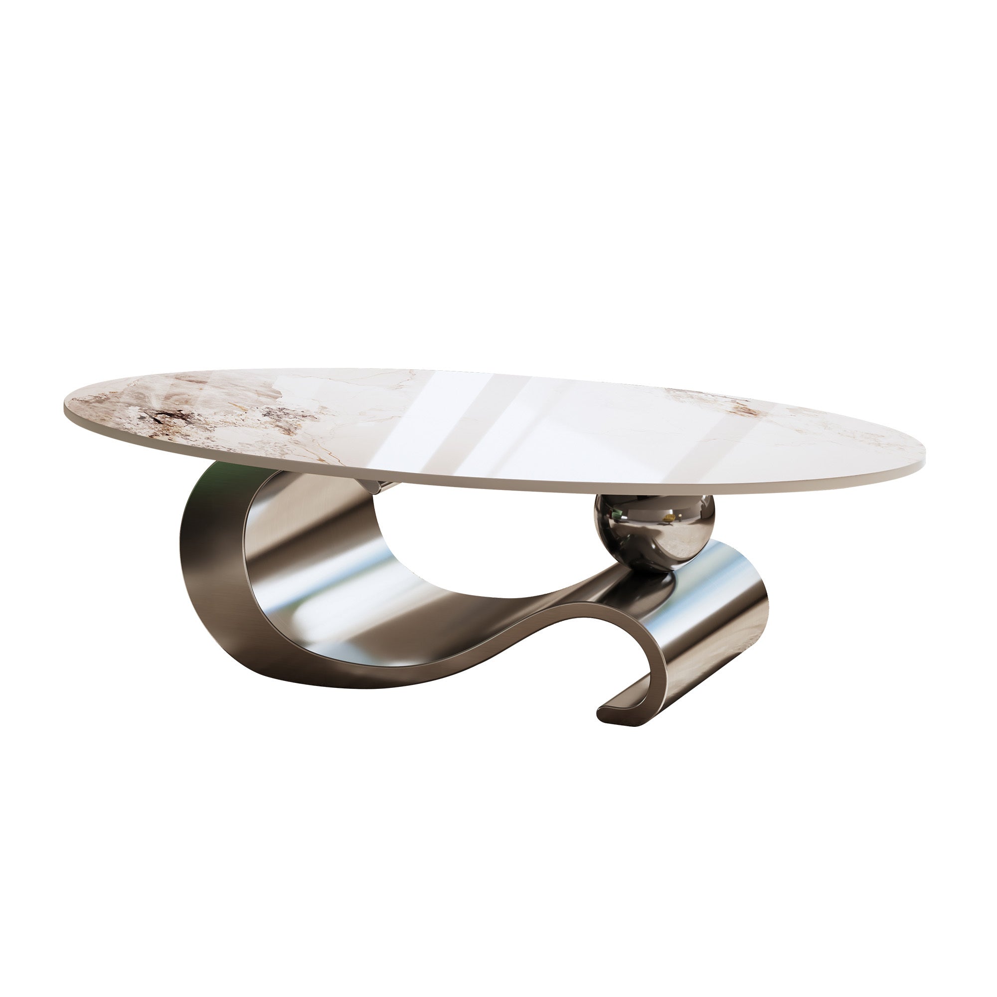 49.2' Faux Marble Oval Coffee Table, Contemporary Gray Stainless Steel Base, Modern Center Table for Living Room