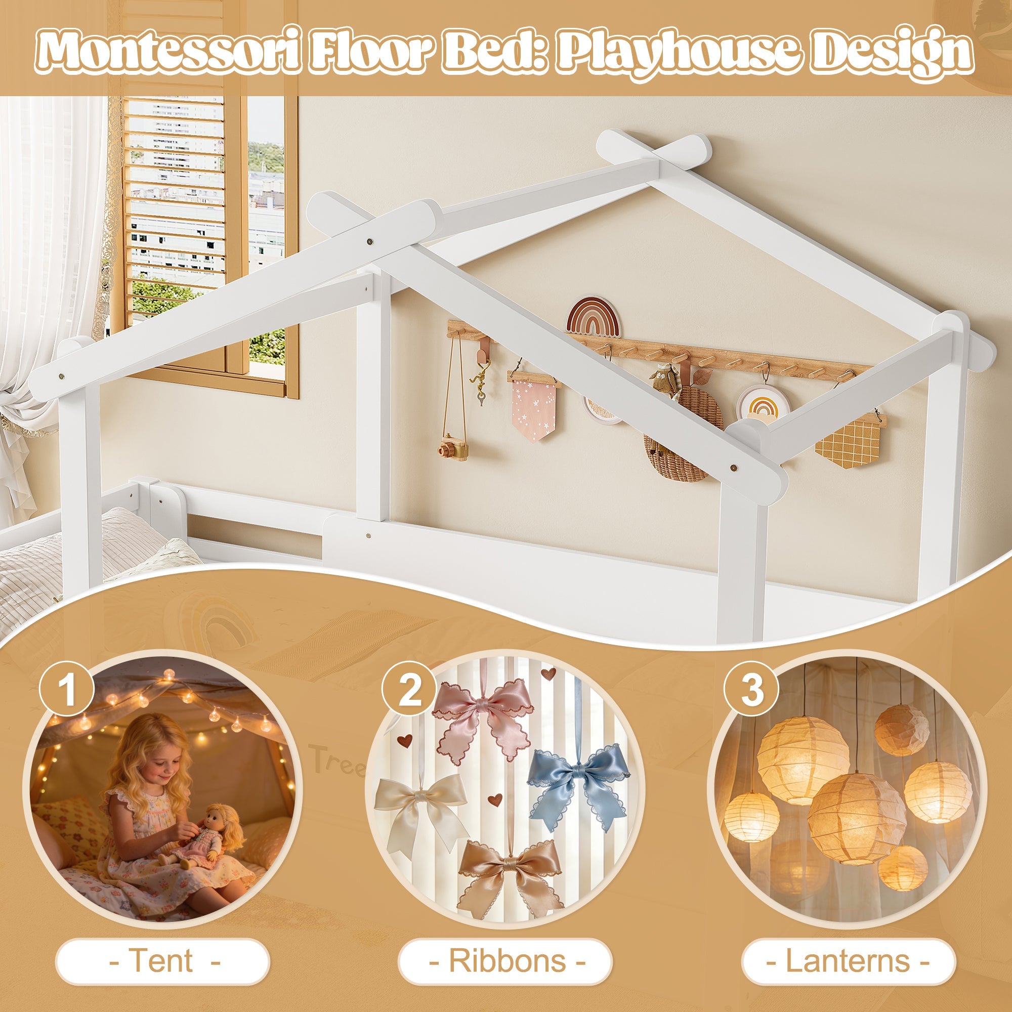 Queen Size Floor Bed with Guardrails and Roof, Kids House Floor Bed with a Small Built-in Tray and Free-installed Signboard, Childlike Design, White