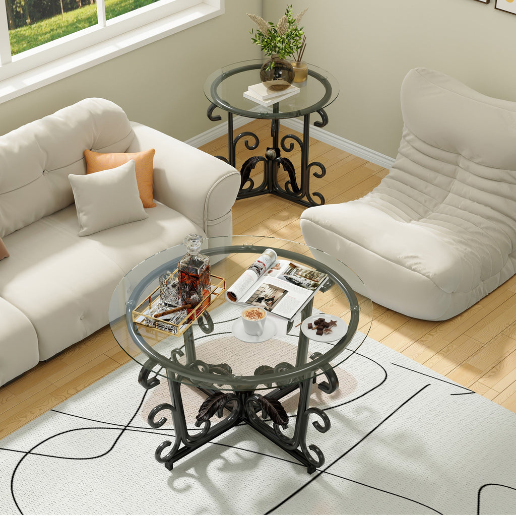 3-Piece Coffee Table Set, Tempered Glass Surface with Sturdy Metal Frame - Modern Living Room Sets (1 Coffee Table + 2 End Tables), Scratch-Resistant & Easy to Clean for Small Spaces, Apartments