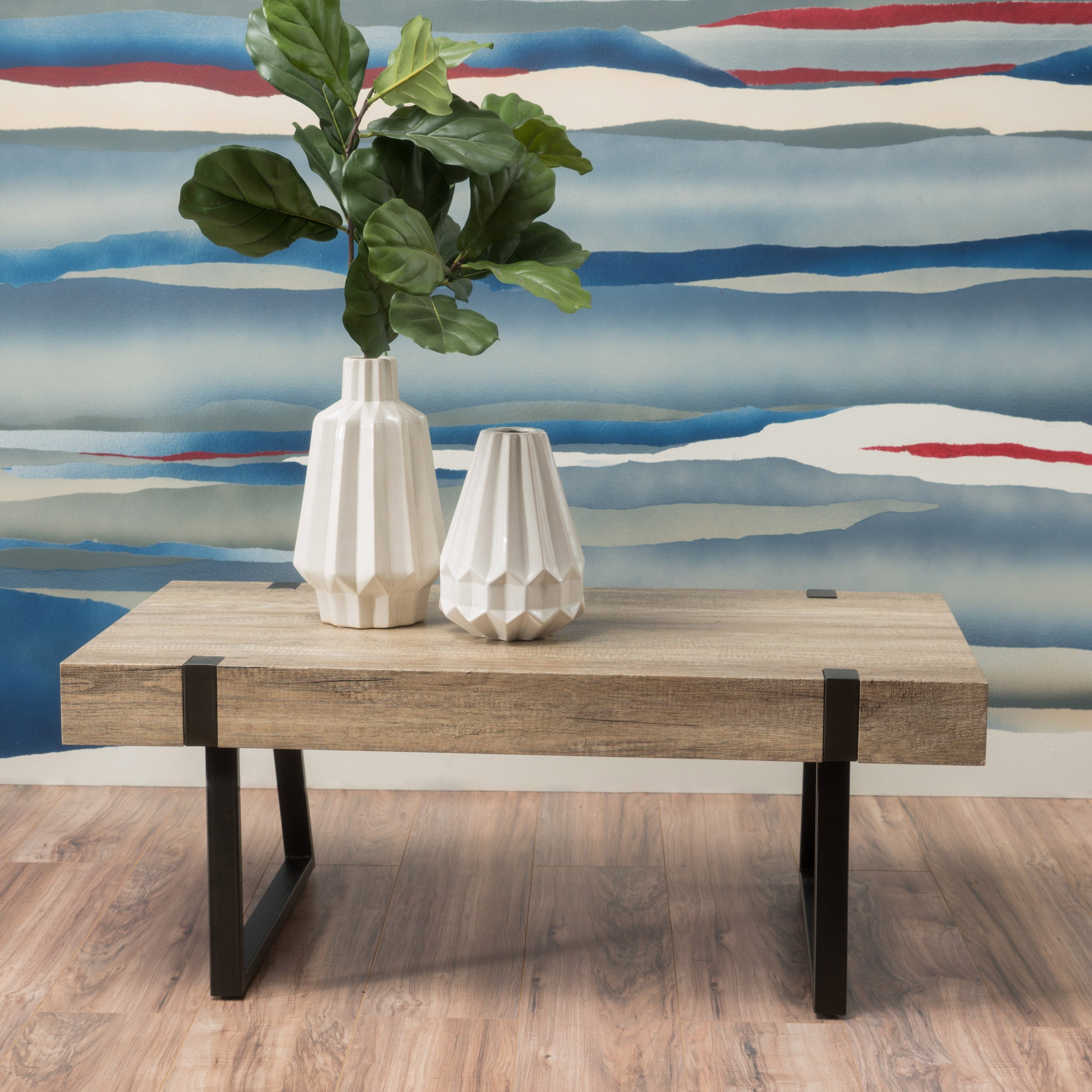 Abitha Faux Wood Coffee Table with Industrial Powder-Coated Metal Legs in Canyon Grey