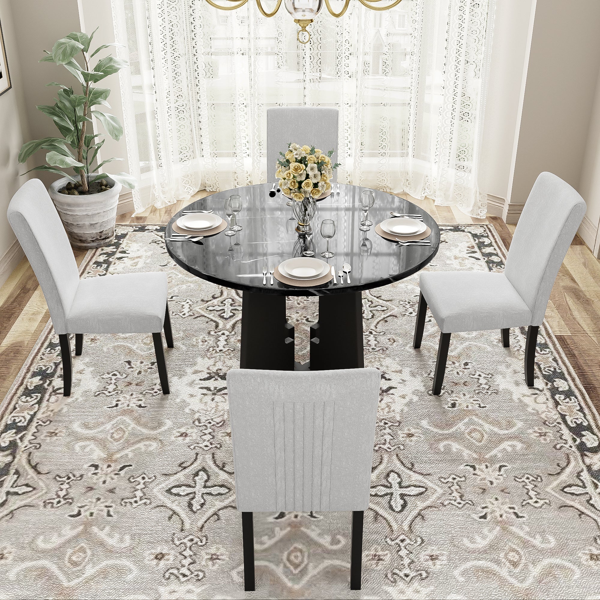5-Piece Round Dining Table set, 43-Inch Modern Dining Table and 4 Upholstered Chairs for Dining Room, Kitchen Room, Living Room, Easy Assembly