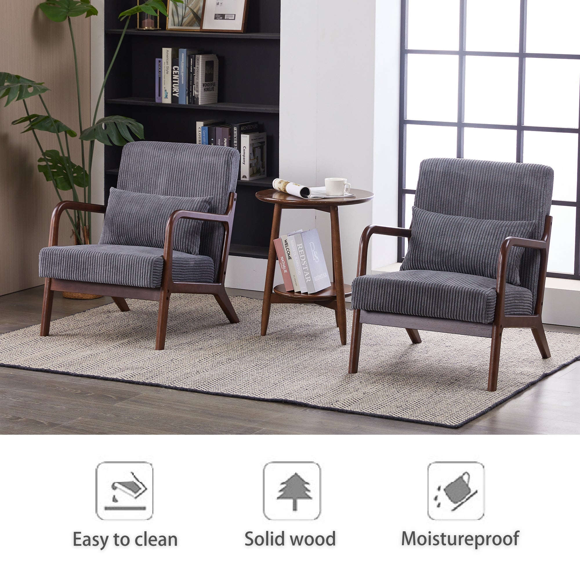Mid-Century Modern Accent Chair with Pillow Upholstered in Antique Dark Grey Polyester and Solid Wood Frame(Antique Dark Grey)
