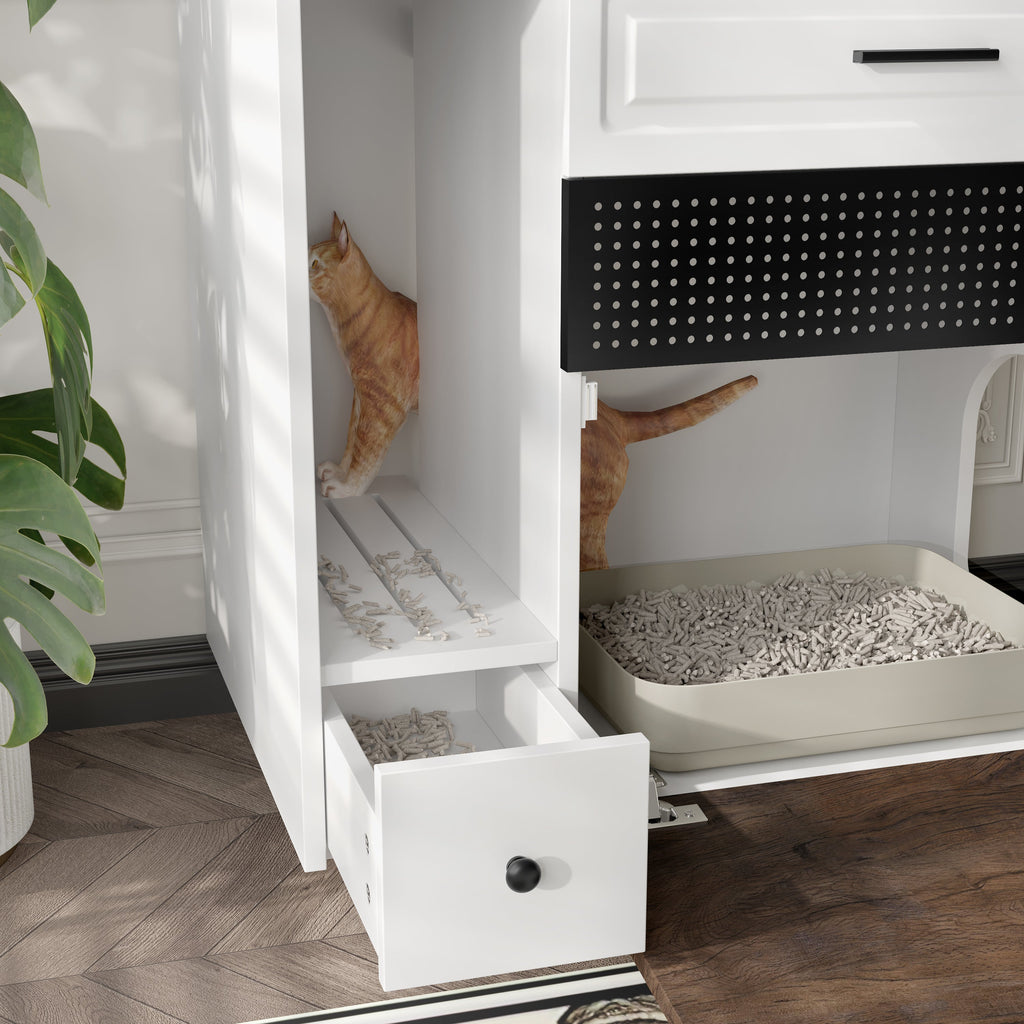 Cat Litter Box Enclosure, Indoor Hidden Cat Litter Box Furniture with 2 Drawers and Door, Cat House End Table for Living room, White and Brown