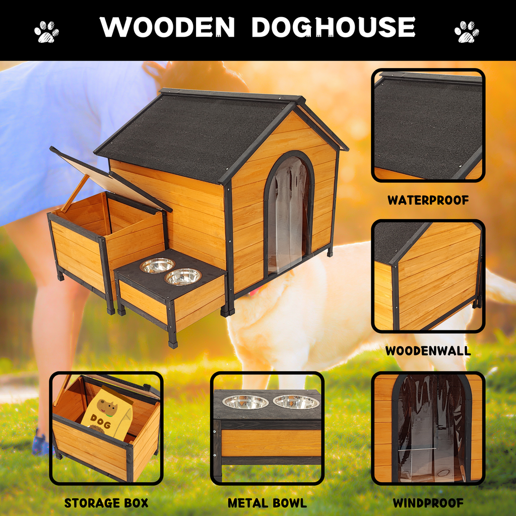 XPT088 Wearable and Strong Wooden Dog House with Metal Bowls and Toy Box, Natural, Solid Wood, 55.12 x 38.98 x 37.00 inches