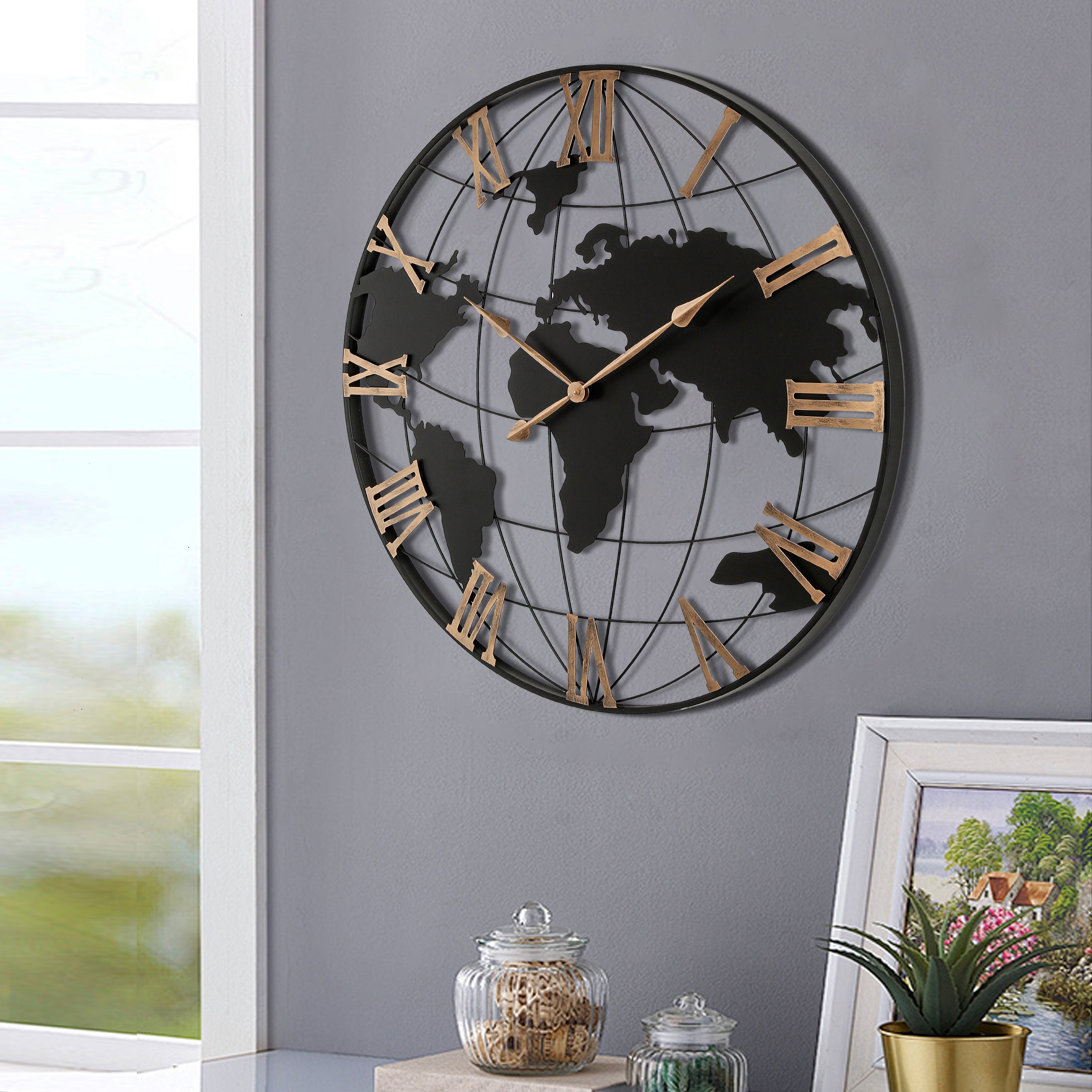 36 Inch Extra Giant Large Black Metal Wall Clock, Modern Silent World Map Wall Clock with Vintage Gold Roman Numeral, Decorative for Living Room, Entryway, Dinning Room, Bedroom