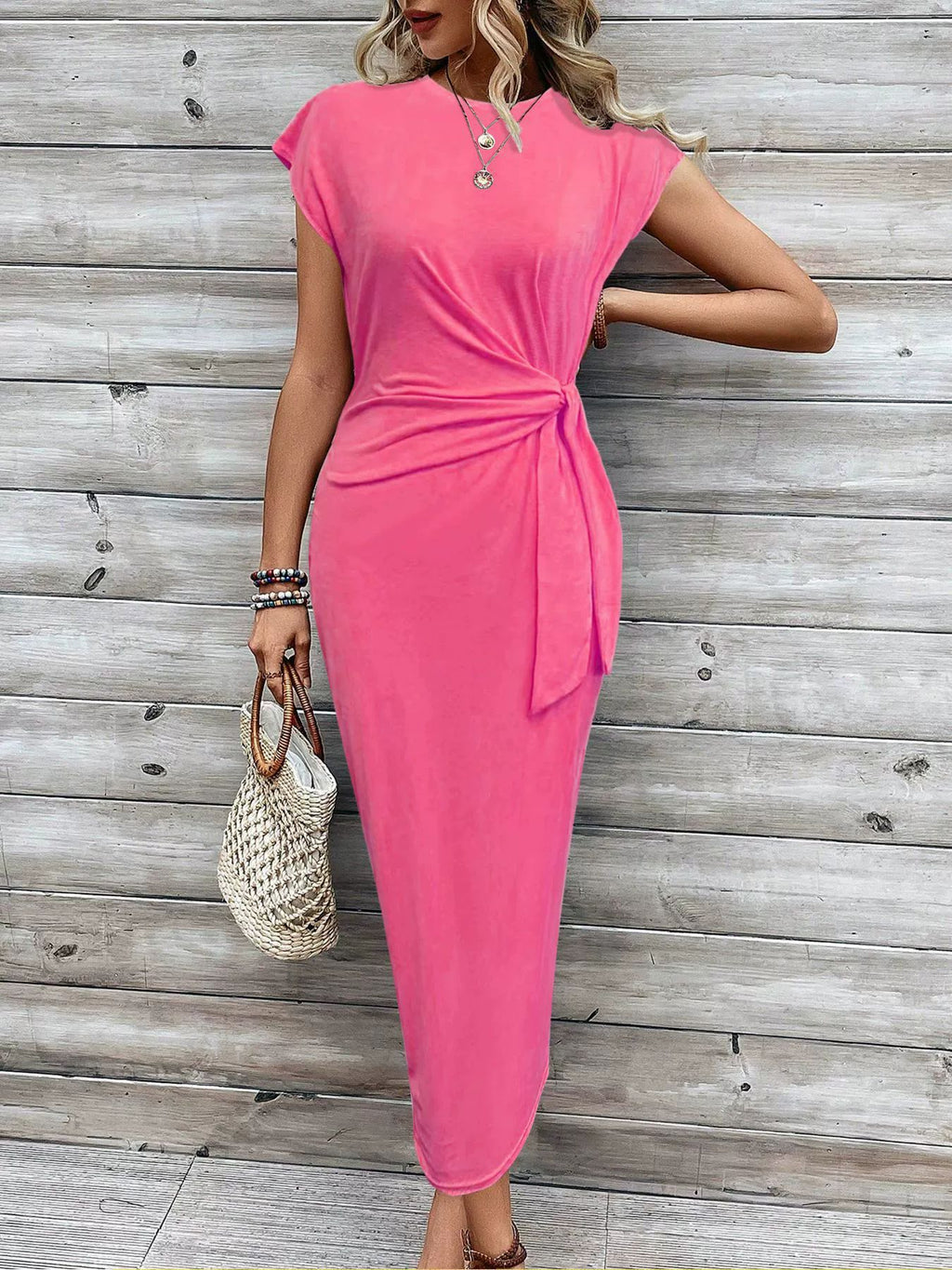 Elegant Waist Strap Striped Round Neck Short Sleeve And Long Pattern Dress