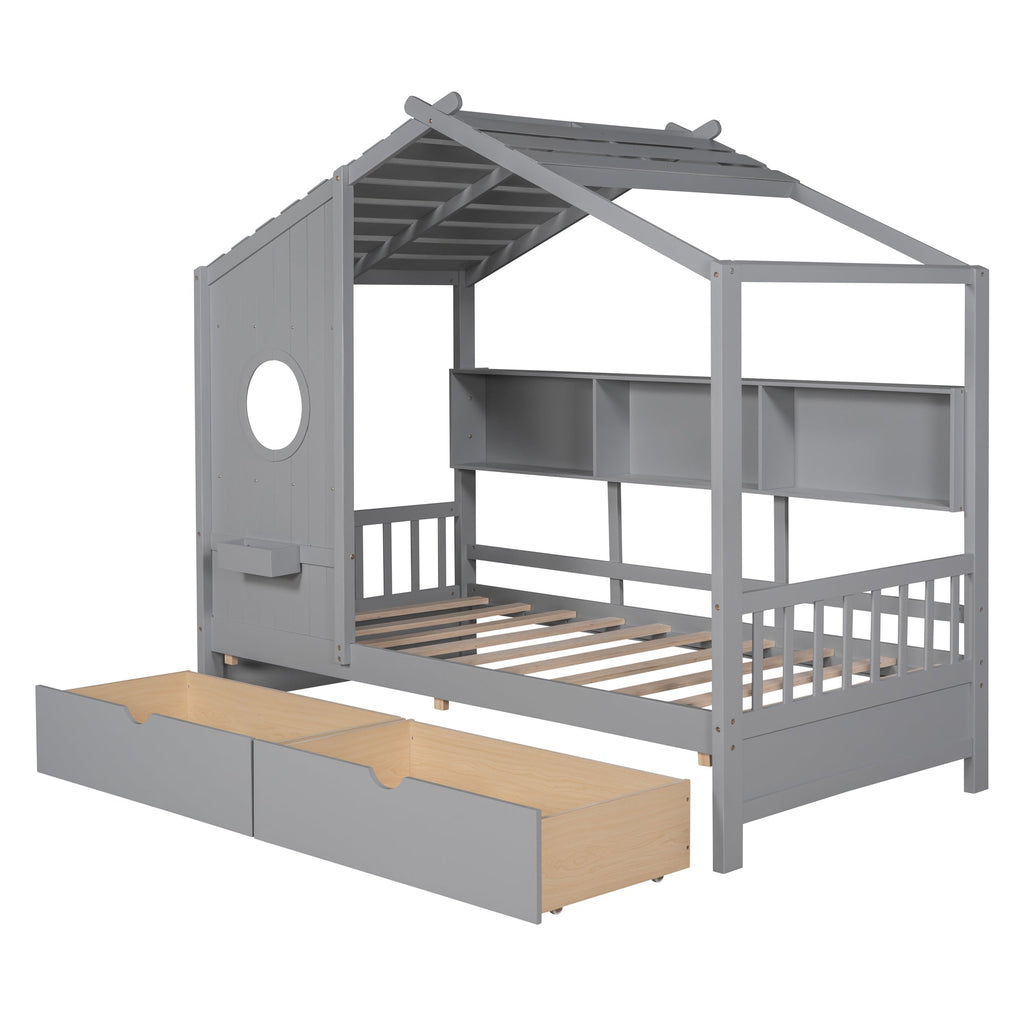 Wooden Twin Size House Bed with 2 Drawers,Kids Bed with Storage Shelf, Gray(Old SKU: HL000051AAE)