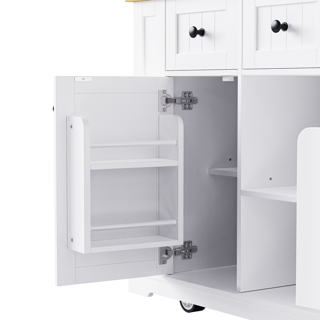 K&K 53inch Large Kitchen Island with 2 Bar Stools, Power Outlet,Door Internal Storage Rack, Kitchen Storage Cart on 5 Wheels with Drop Leaf, 5 Open Side Racks, 3 Drawers, for Kitchen,Dining Room,White