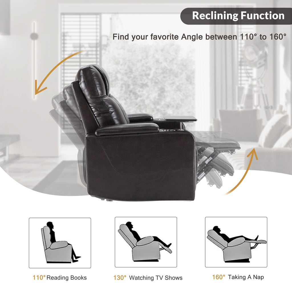 Power Motion Recliner with USB Charging Port, Hidden Arm Storage, and 360° Swivel Tray Table, Black PU Leather