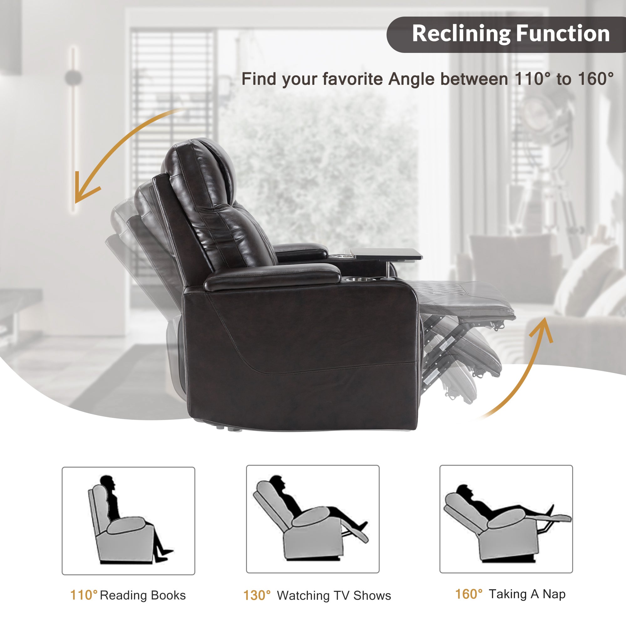 Power Motion Recliner with USB Charging Port, Hidden Arm Storage, and 360° Swivel Tray Table, Black PU Leather