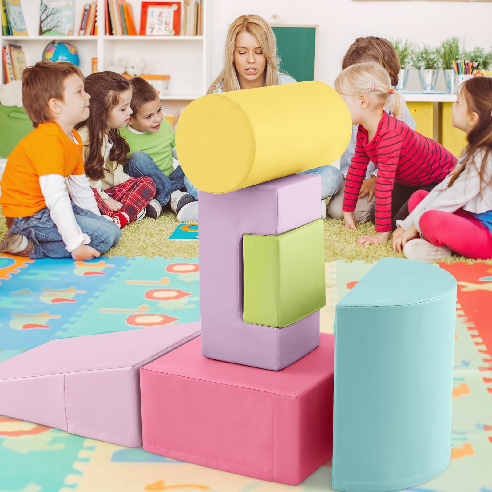 6 Pieces Foam Climbing Blocks Indoor Climb and Crawl Activity Playset with Rectangles-Macaron Multicolor