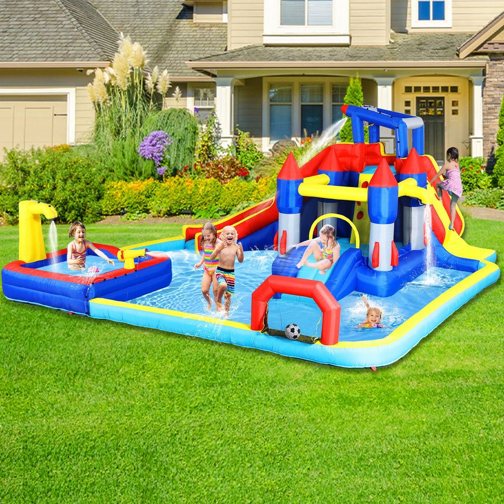 Inflatable 10 in1 slide water park  bouncing house garden with splash pool & water gun & basketball & climbing wall & dual pools & soccer