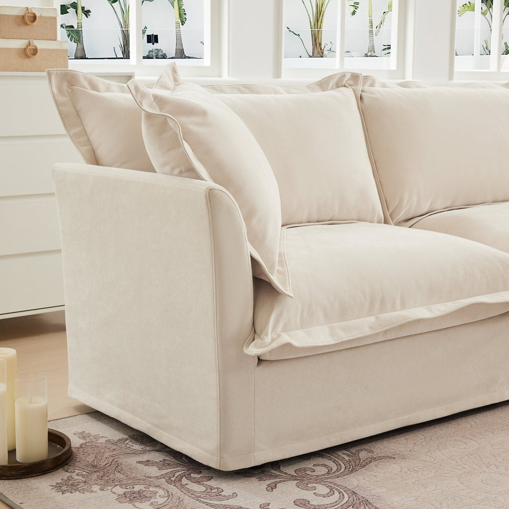 Living Room Sofa Slipcovered Sofa 3 Seater Sofa With 3 Ottomans, Oversized 3-Seat Sleeper Sofa Bed Home Theater Sofa, Chenille, Cream