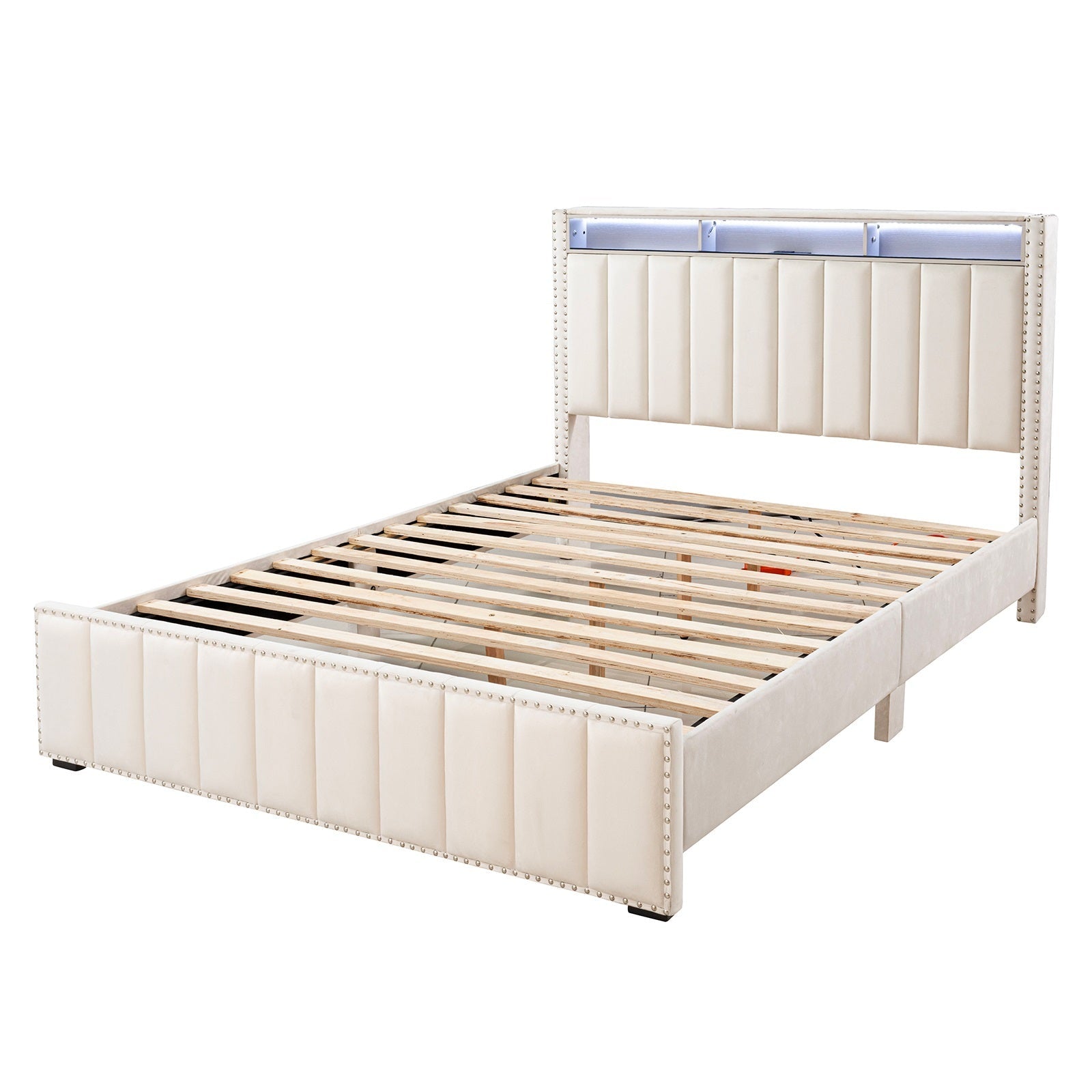 Full Size Bed 2x Nightstands Bedroom Furniture Contemporary Beige Fabric Upholstered Bedframe w LED Nailhead Trim 3pc Bedroom Set