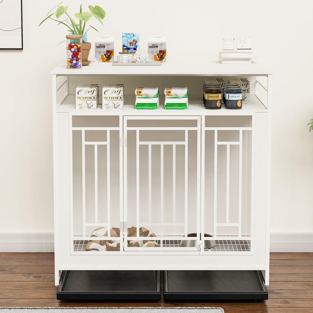 43.3 Inch Wooden Dog Crate Furniture with Divider and Storage, White
