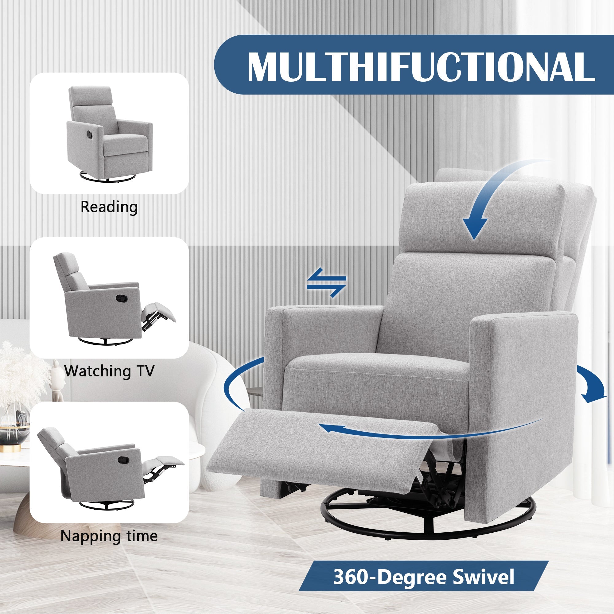Modern Upholstered Rocker Nursery Chair Plush Seating Glider Swivel Recliner Chair, Gray Linen