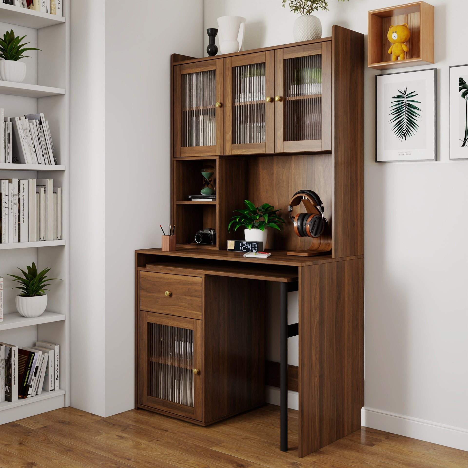 Computer Desk with glass door for Home Office or Study desk,  Bookshelf & Hutch, Computer Desk with 90 Degree Rotating Desktop,Large Working Space