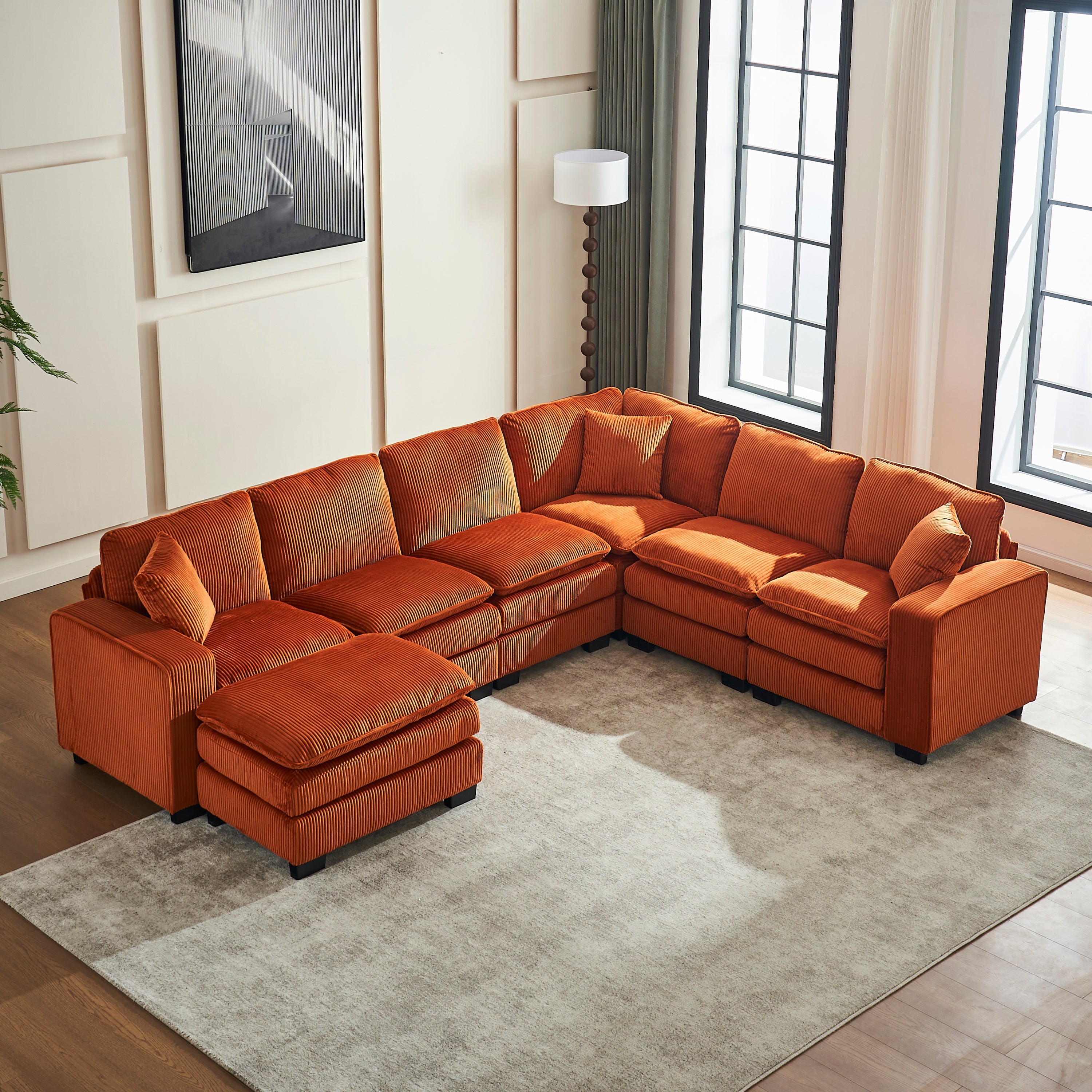Modern U Shaped 6-seat Sectional Sofa Couch with one Ottoman and three toss pillows ,Modular Sofa for Living Room,Corduroy sofa