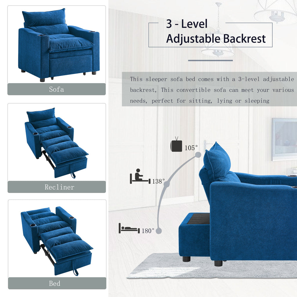 Sleeper Sofa Chair Bed, Convertible Sofa Chair 3-in-1, Adjustable Sleeper Chair Pullout Sofa Bed with Modern Velvet Fabric for Living Room Apartment Small Space, Blue