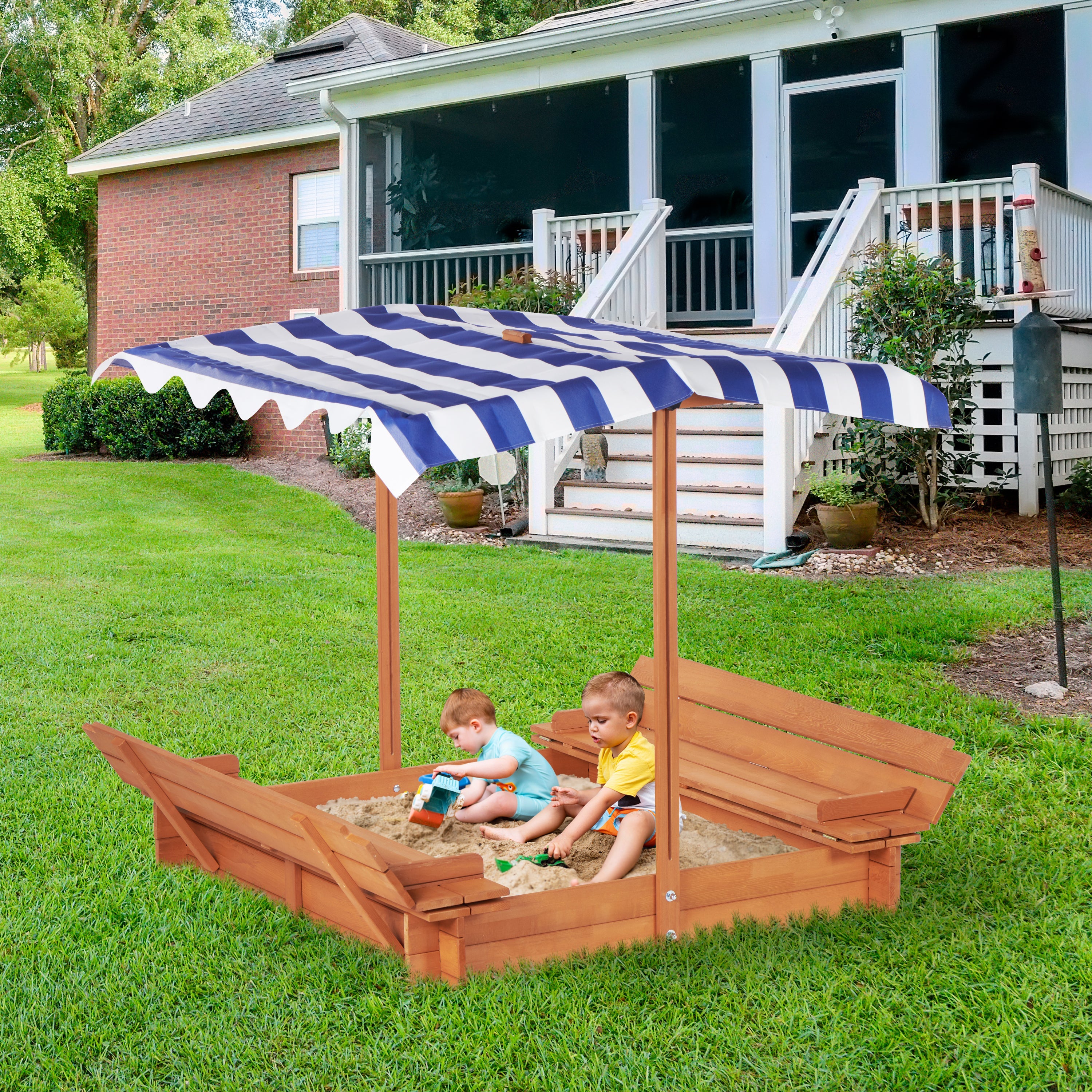 Kids Sandbox with Adjustable Cover, 46'' Wooden Sand Box with 2 Foldable Bench Seats, Outdoor Sandpit for Backyard Play