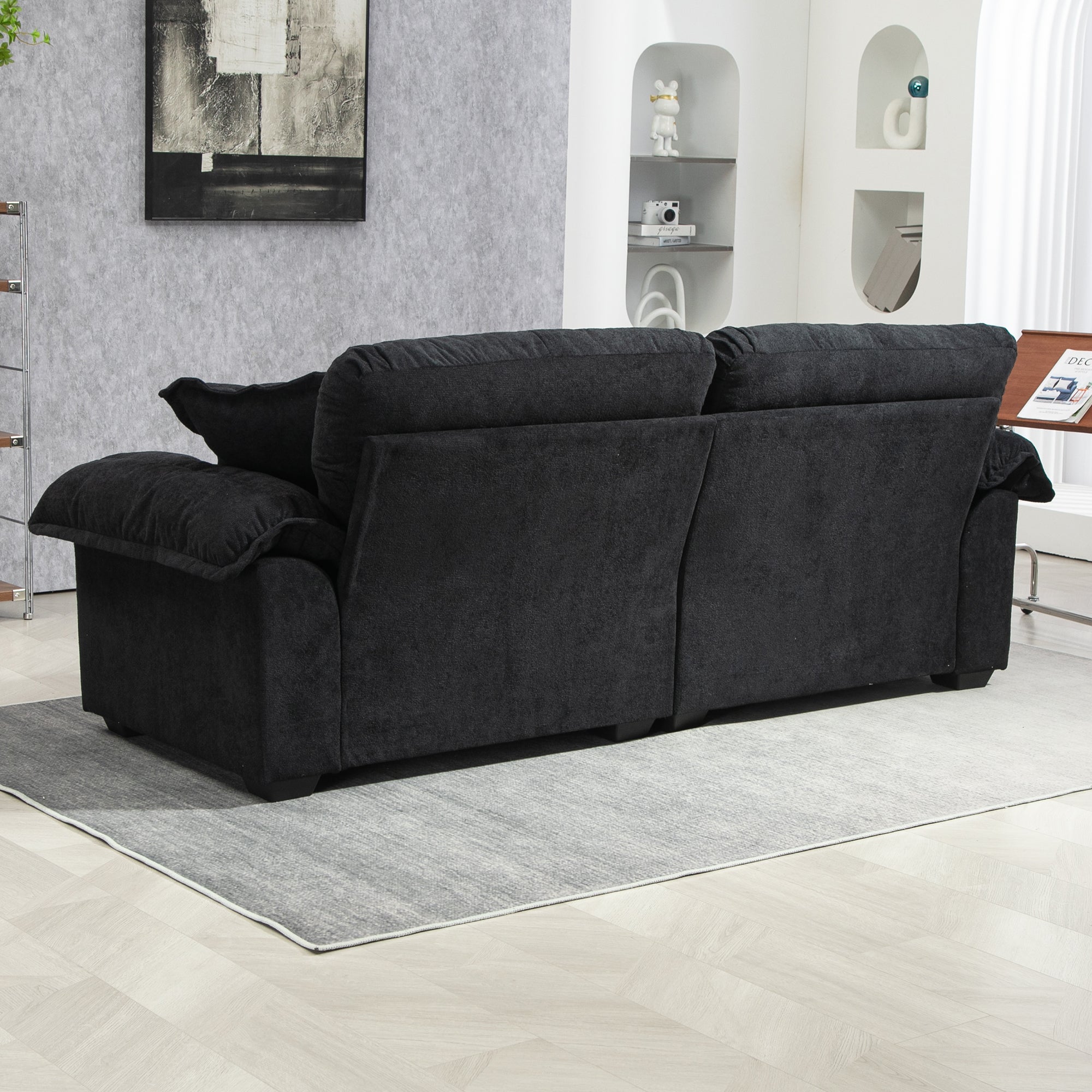 84' Chenille Sofa Small Sofa Loveseat Deep Seat Sofa Couch with 2 Throw Pillows & Memory Foam for Living Room Apartment Office Lounge-Black
