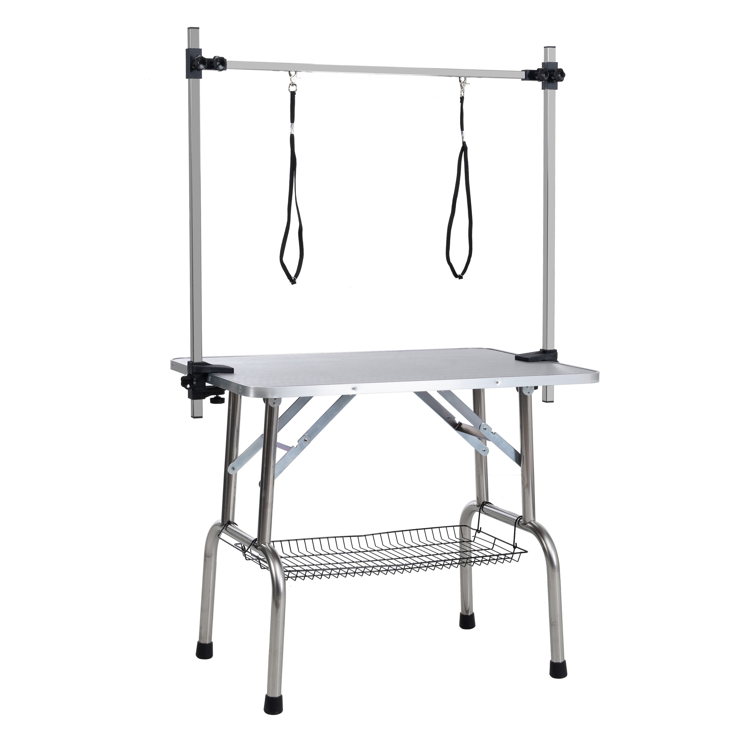42' Folding Dog Pet Grooming Table Stainless Steel Frame Rubber Mat on Board with Adjustable Arm and Clamps pet dog Cat Grooming Table (SILVER-GRAY COLOR)