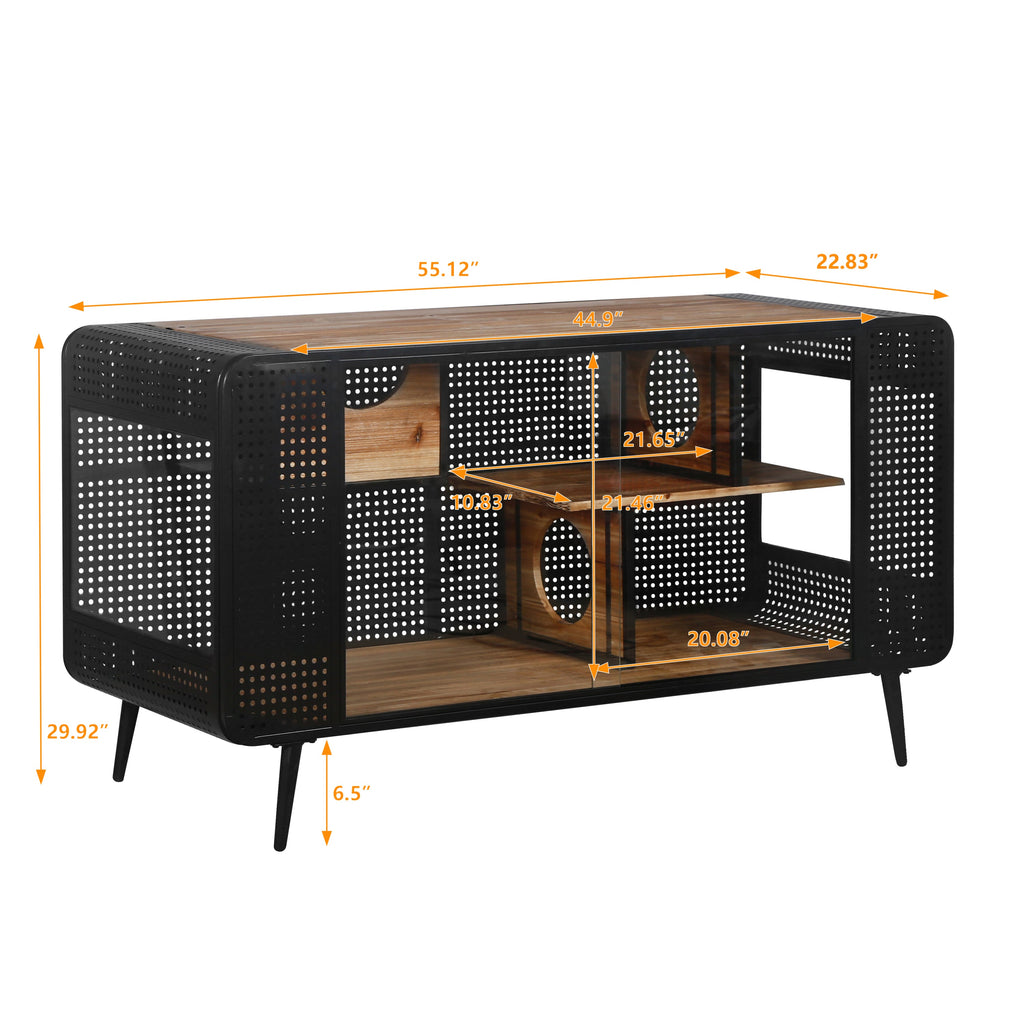 Modern Spacious Cat House with Tempered Glass and Iron Frame for Living Room, Black + Brown