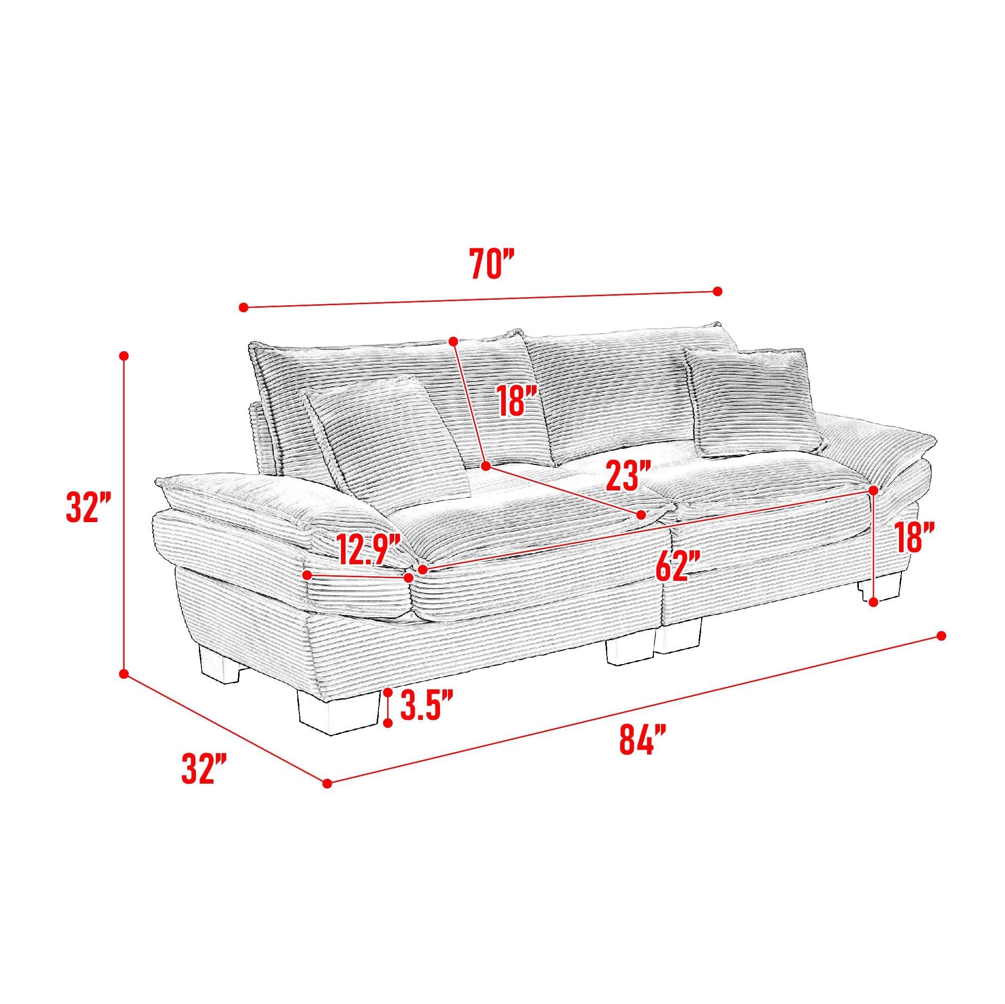 Corduroy Sofa Sleeper Couch Loveseat Sofa with Pillows Comfy Upholstered Deep Seat Sofa for Bedroom,Living Room,Apartment,Office,Dorm-Orange Corduroy