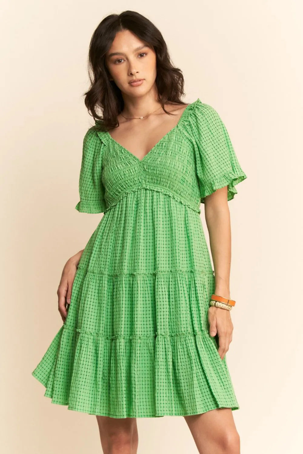 Davi & Dani Jacquard Checker Smocking Tiered Dress