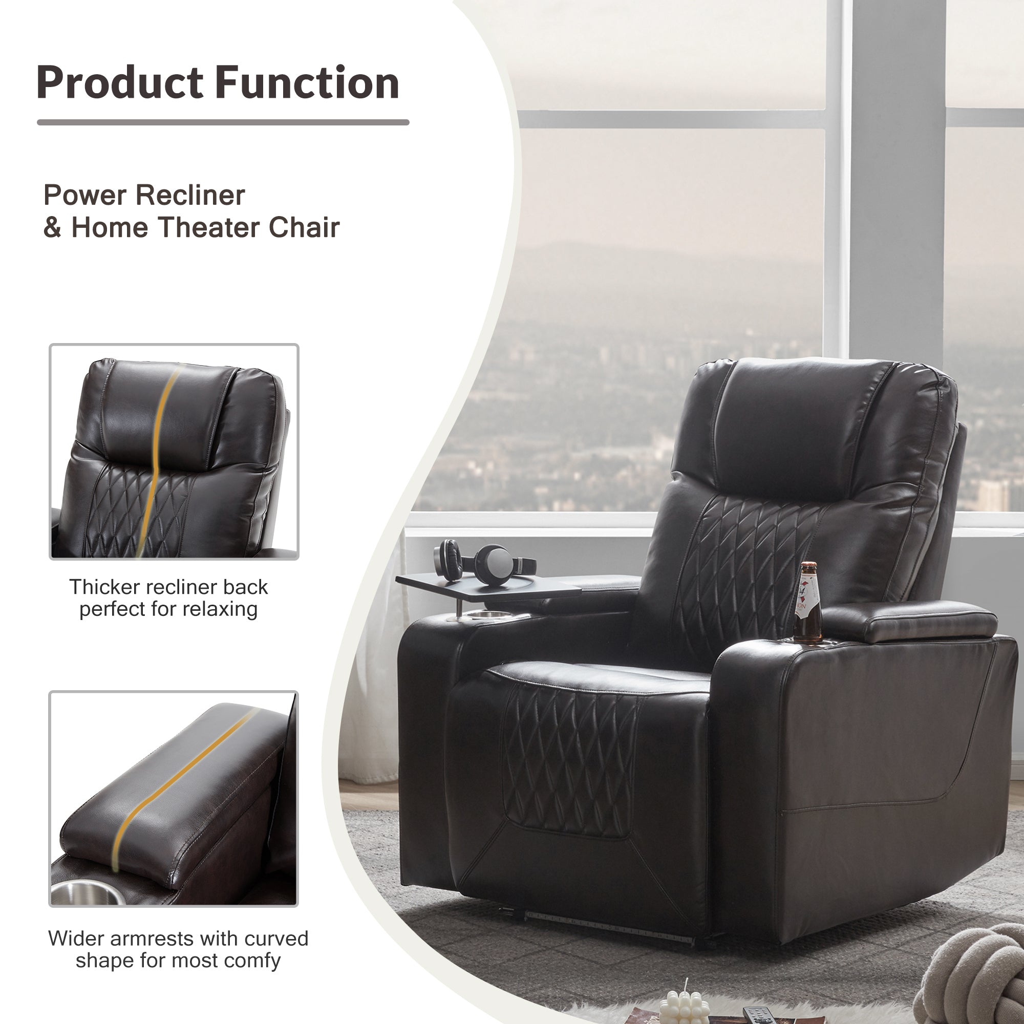 Power Motion Recliner with USB Charging Port, Hidden Arm Storage, and 360° Swivel Tray Table, Black PU Leather