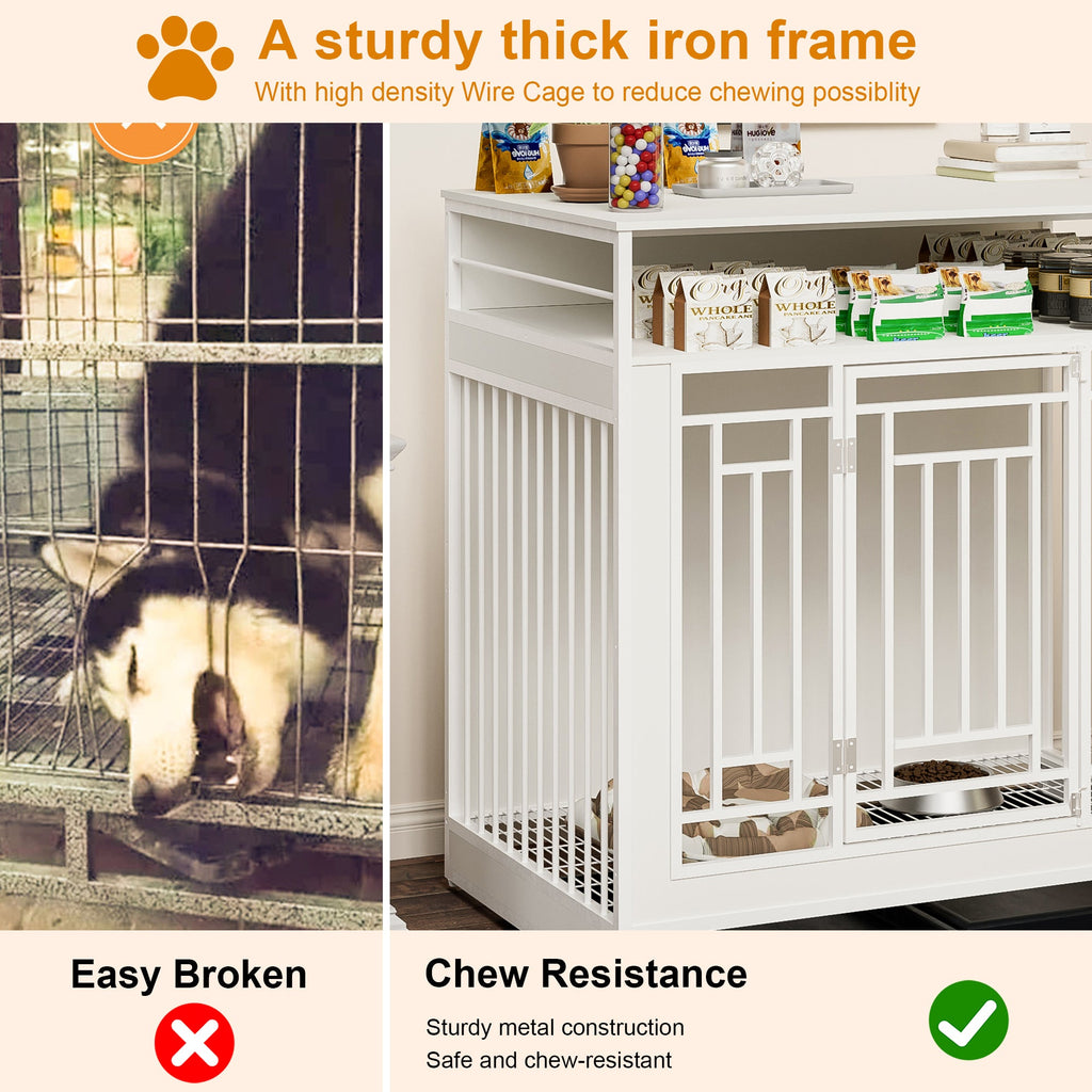 43.3 Inch Wooden Dog Crate Furniture with Divider and Storage, White