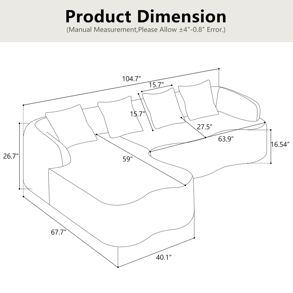 Full Compression L-Shape Sectional Sofa with Curved Chaise, Beige Modular Chenille Couch, High-Density for Apartment Living Room