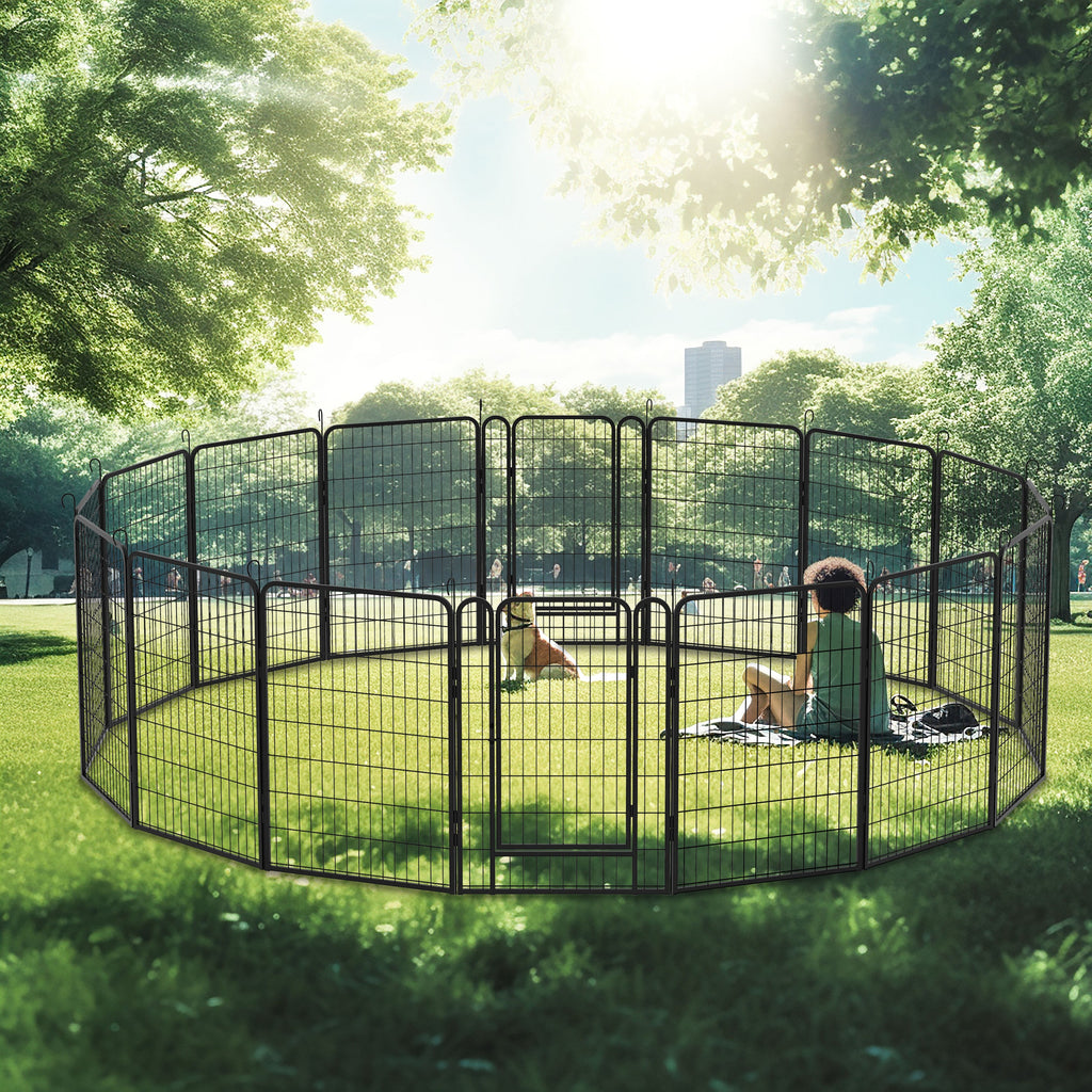 16 Panels Heavy-Duty Metal Playpen with Door, 39.37' H Dog Fence Pet Exercise Pen for Outdoor, Indoor