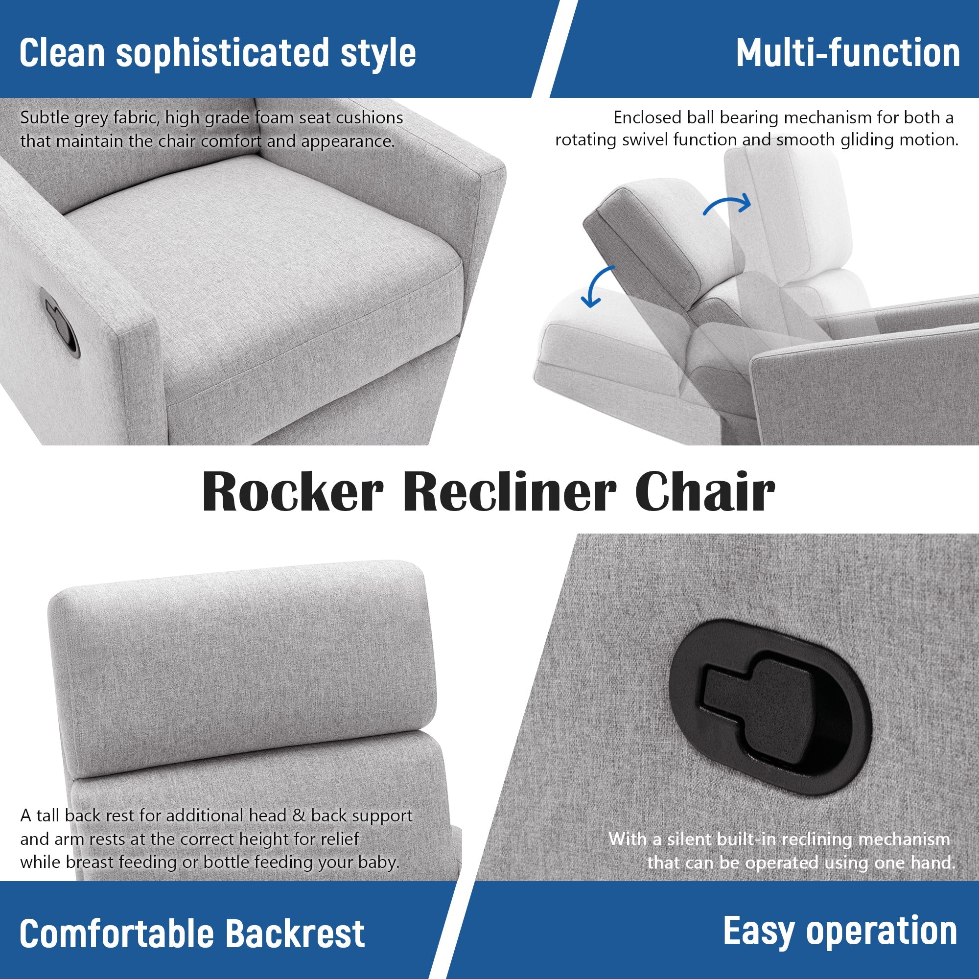 Modern Upholstered Rocker Nursery Chair Plush Seating Glider Swivel Recliner Chair, Gray Linen