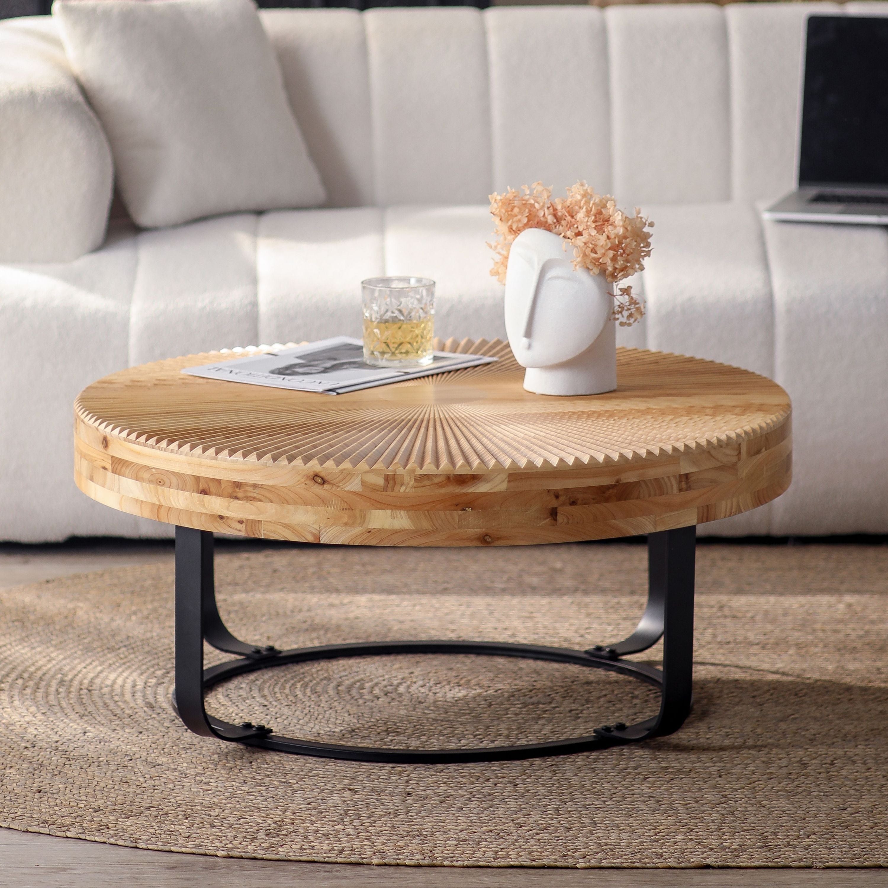 Modern Round Coffee Table Wooden Carving Pattern Coffee Table with Metal Legs for Living Room Reception Room Office ,Black