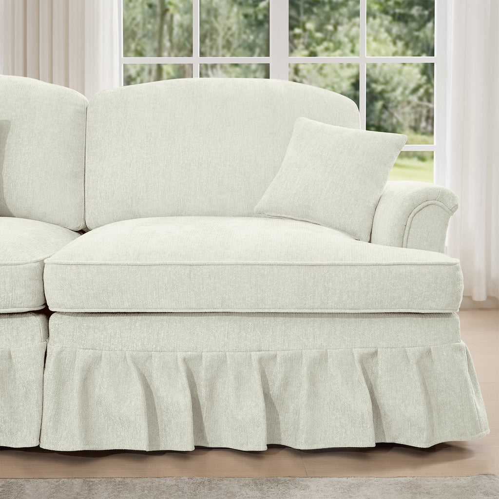 Classic 2 Piece Modular Couch Living Room Sofa Set with Flared Arms and Removable Ruffles Pleats Skirts and Spindle Legs, 2 Seater Sofa + 2-Seat Loveseat Sofa Sets for Living Room, Beige White