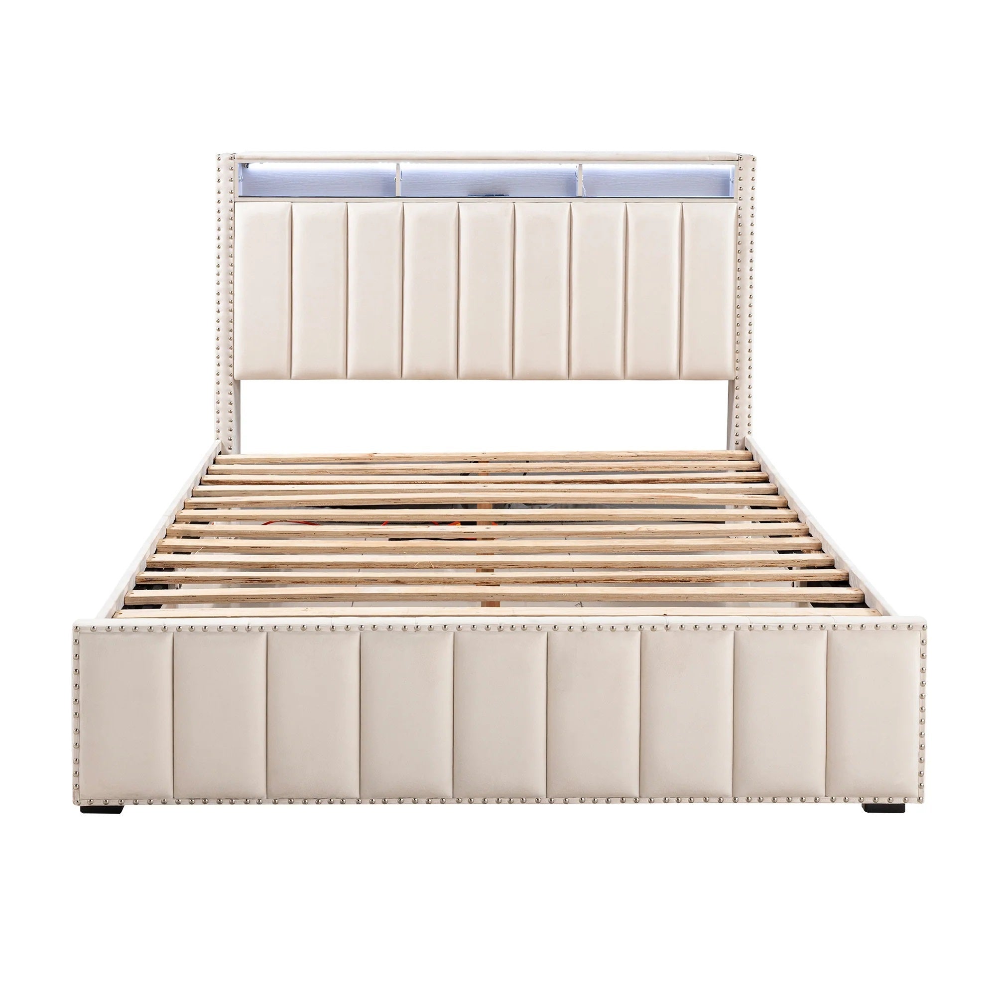 Full Size Bed 2x Nightstands Bedroom Furniture Contemporary Beige Fabric Upholstered Bedframe w LED Nailhead Trim 3pc Bedroom Set
