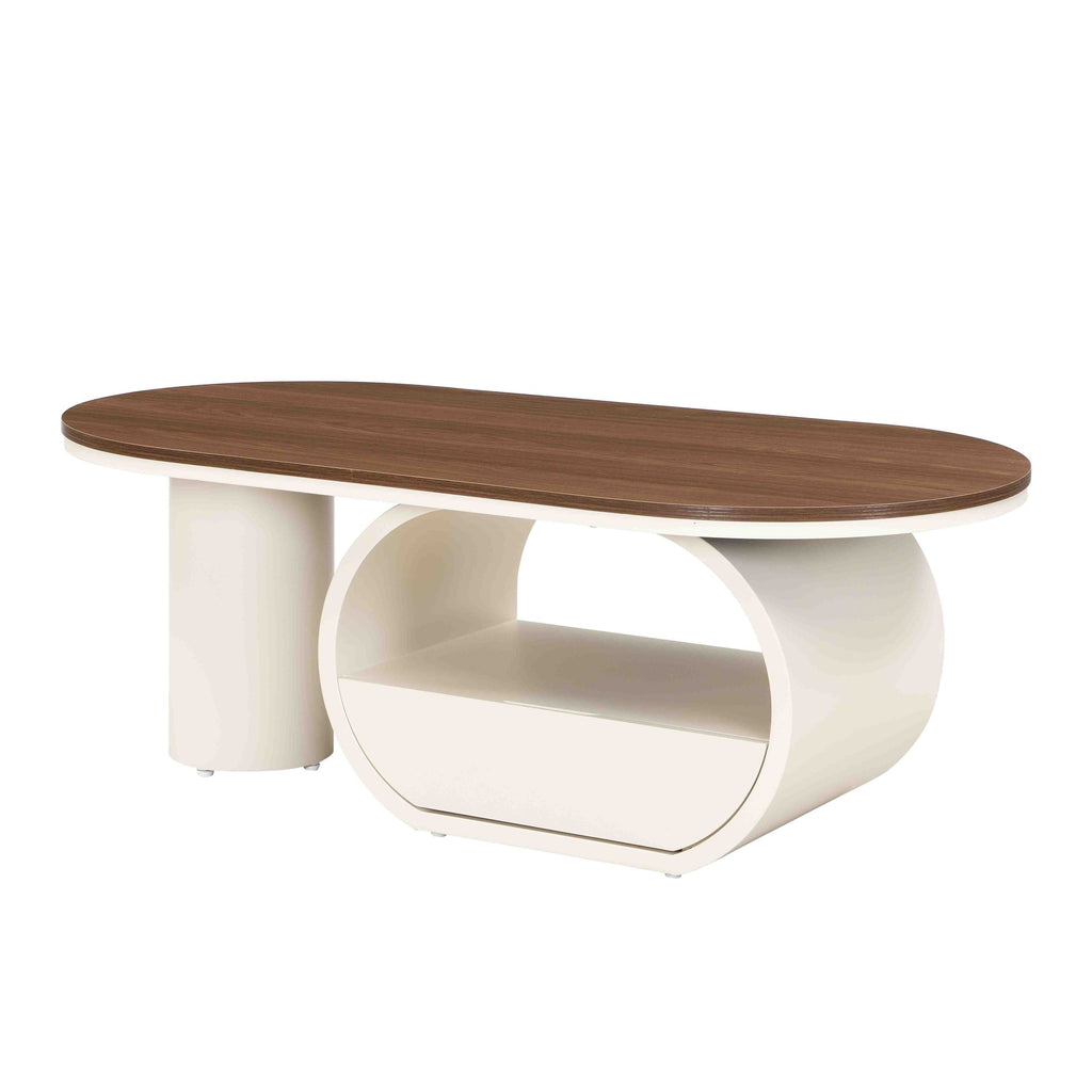 Luxury Oval Coffee Table, 47.24'' Coffee Table with Storage Drawer, White Metal Center Table for Living Room