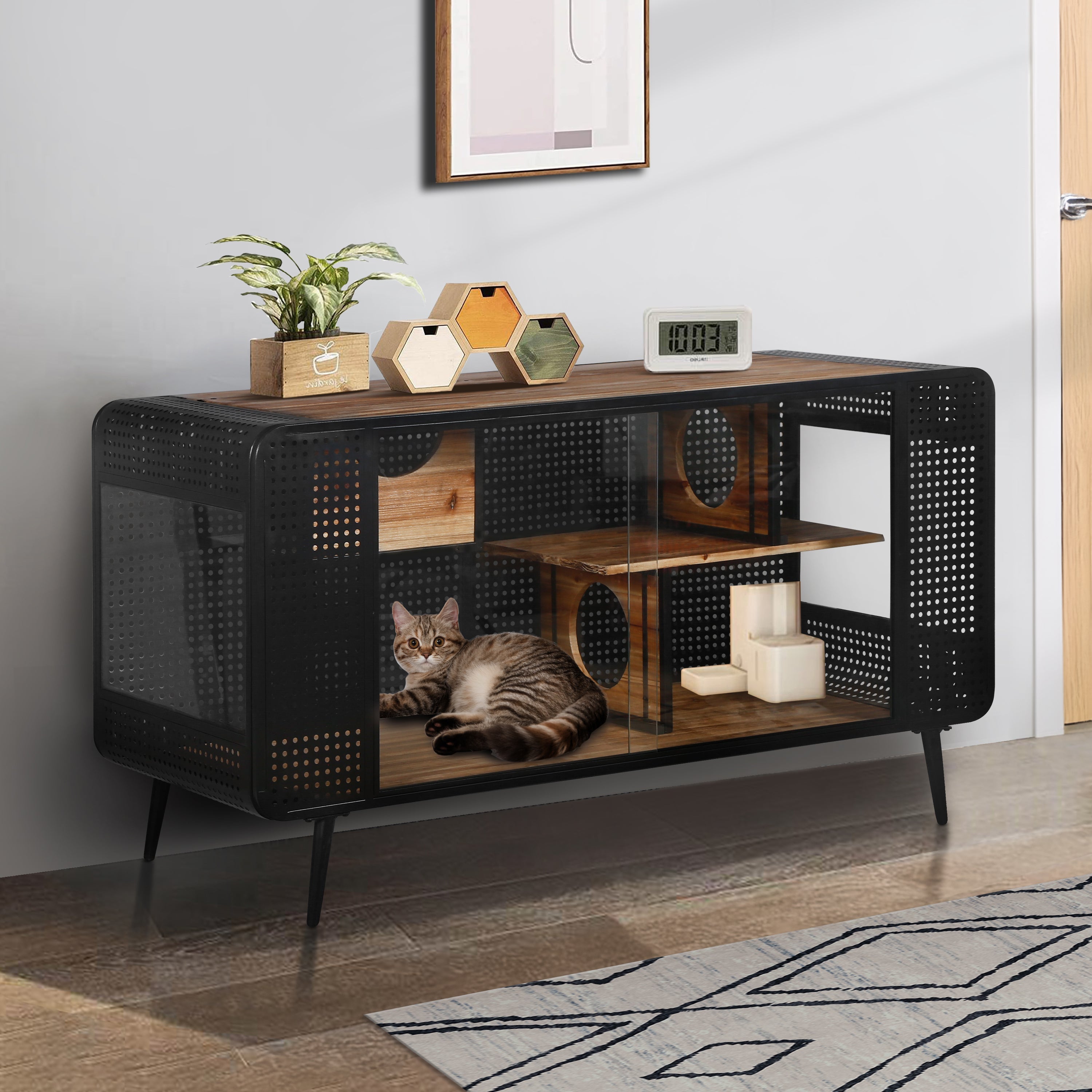 Modern Spacious Cat House with Tempered Glass and Iron Frame for Living Room, Black + Brown