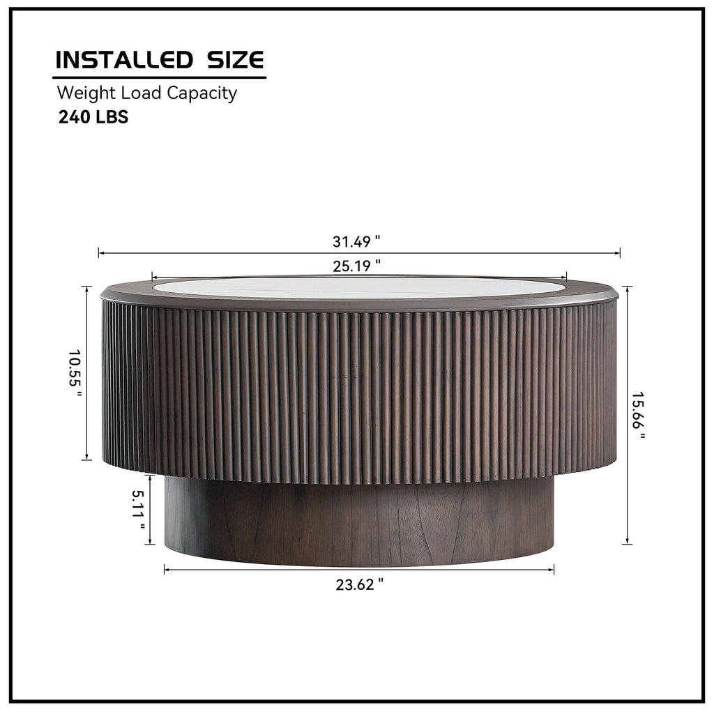 31.5 inch Modern Faux Marble Pattern Stickers Coffee Table Round Coffee Table for Living Room,Small Table with Sturdy Pedestal,Dark Brown