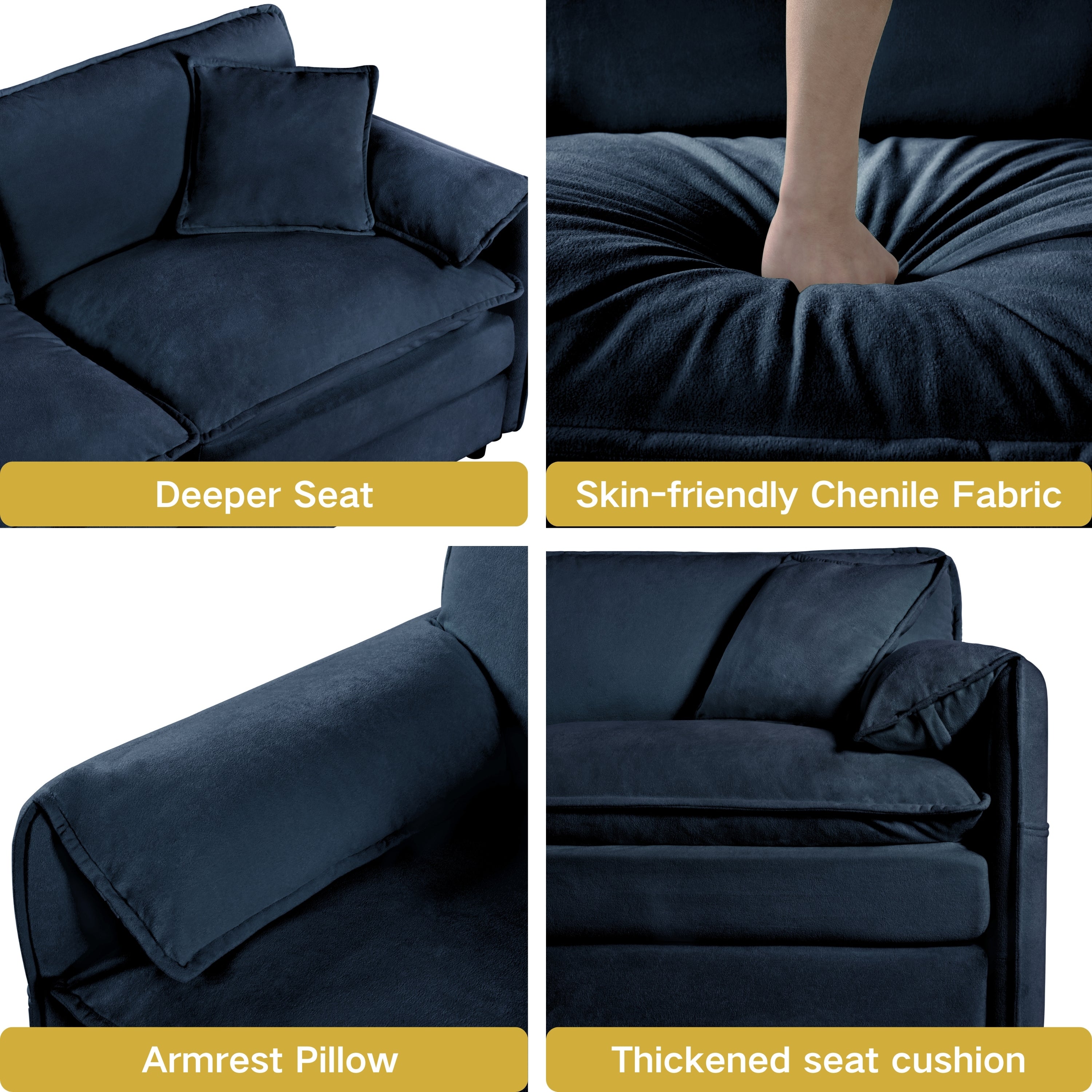 Modular Sectional Sofa, Oversized Deep Seat U Shaped Couch Set for Living Room, 3-Seater Comfy Cloud Couches with 2 Movable Ottomans, DIY Combination, Chenille,Blue