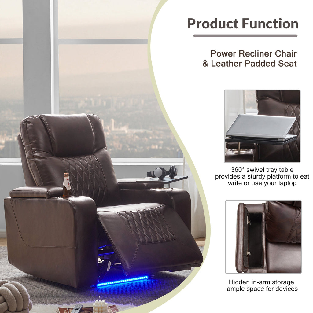 Power Motion Recliner with USB Charging Port, Hidden Arm Storage, 2 Cup Holders, 360° Swivel Tray Table, Brown PU Leather