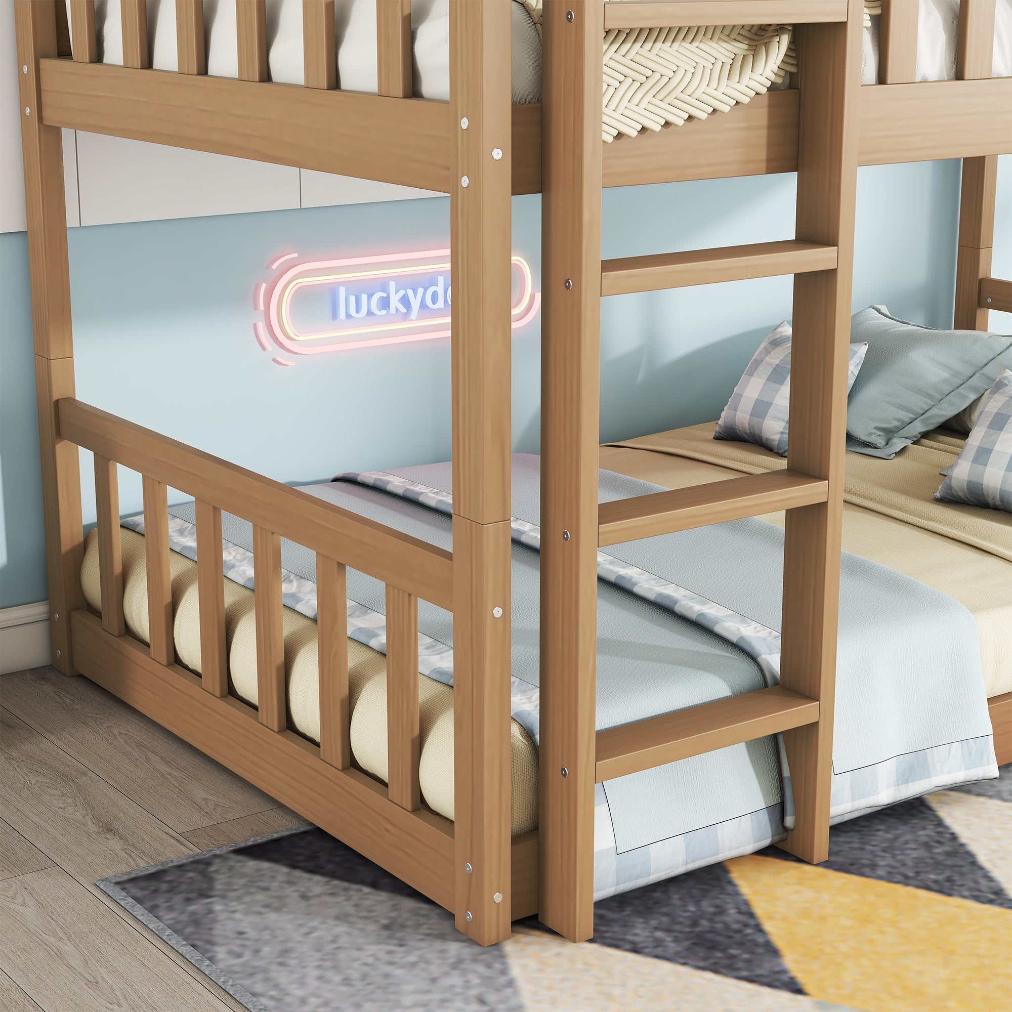 Twin Size Triple Rubber Wood Bunk Bed, with Ladders, Guardrails Detachable Bunk Bed, Twin over Twin over Twin,Natural