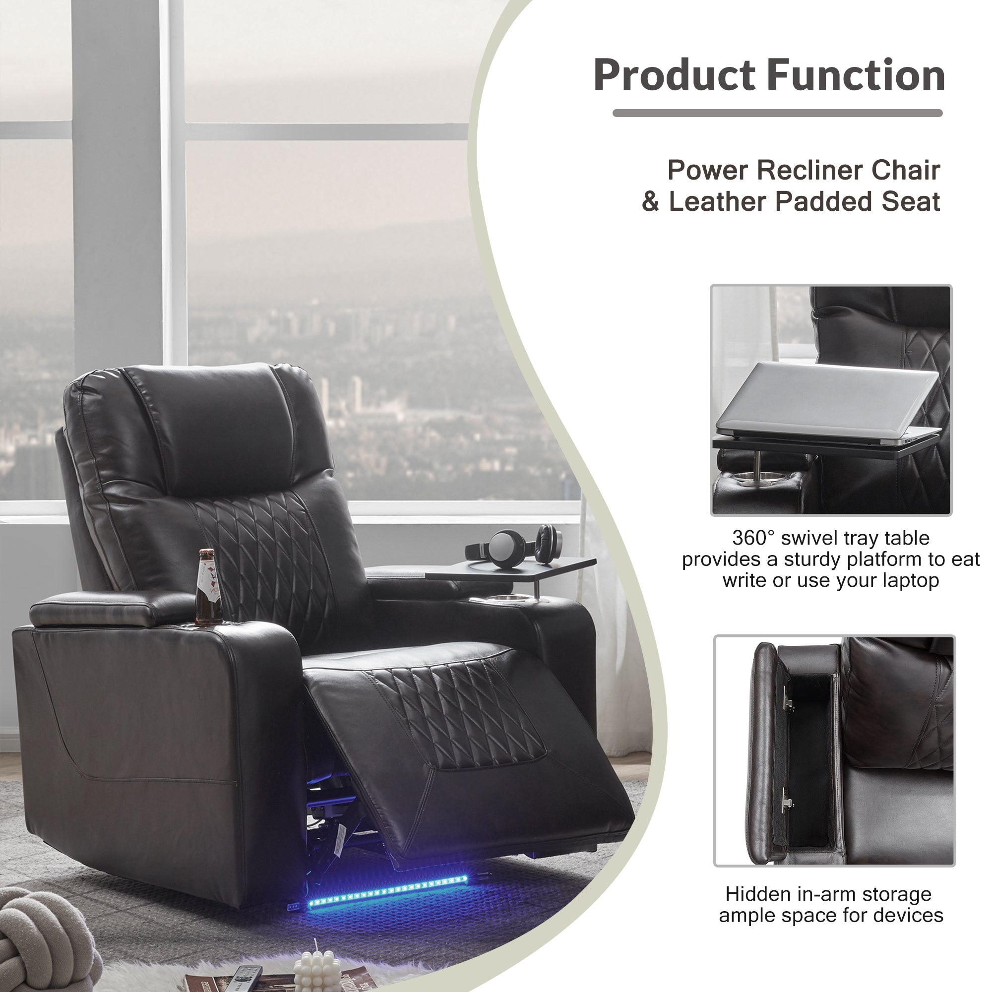 Power Motion Recliner with USB Charging Port, Hidden Arm Storage, and 360° Swivel Tray Table, Black PU Leather