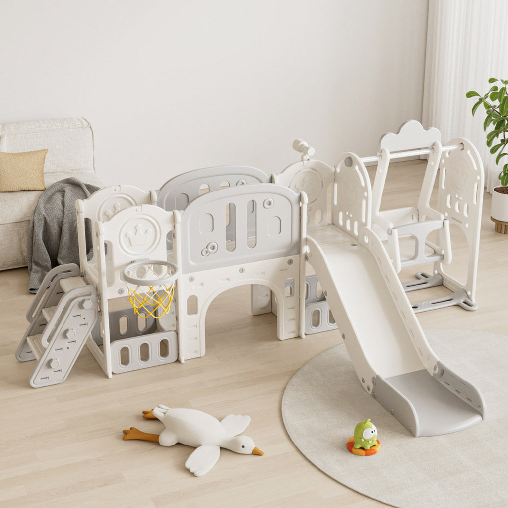 Versatile Toddler Slide with 11-in-1 Activity Center, Grey+Ivory, Polyethylene, 116.54in