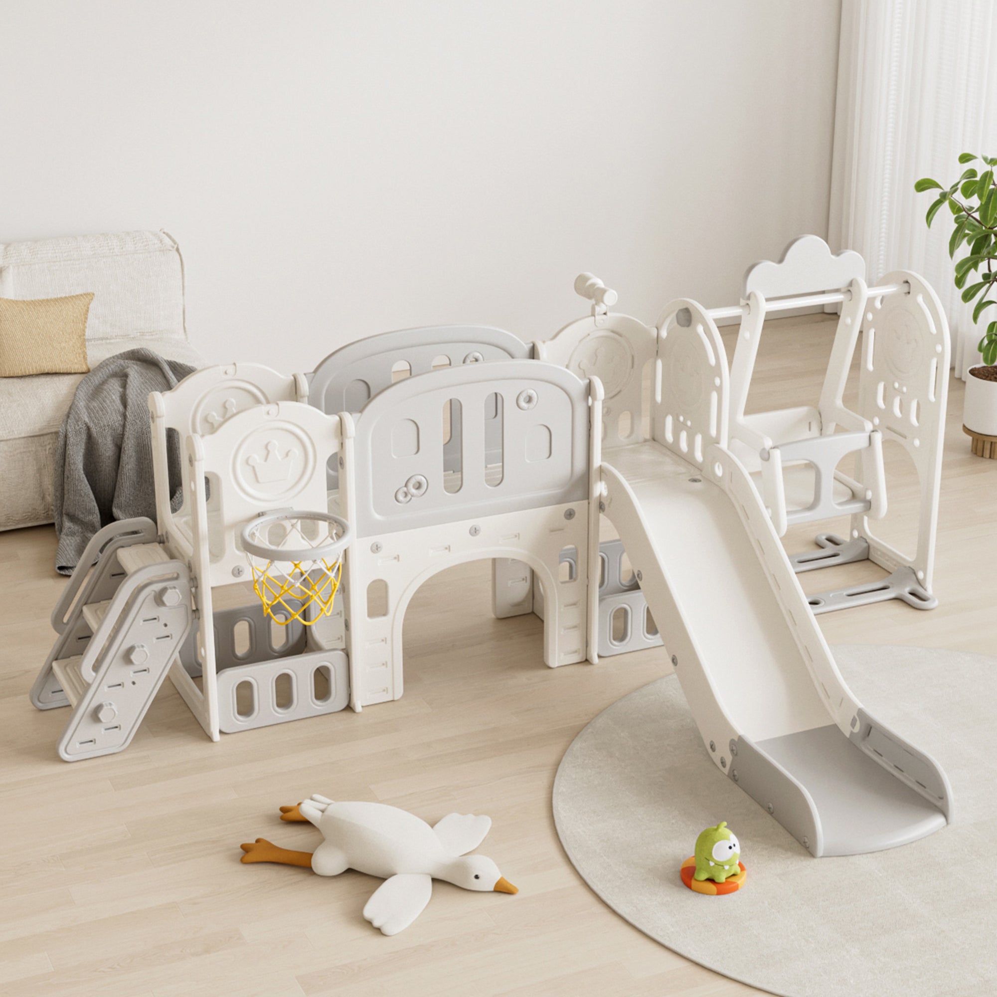 Versatile Toddler Slide with 11-in-1 Activity Center, Grey+Ivory, Polyethylene, 116.54in