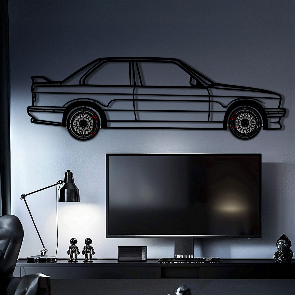 BMW E30 M3 Metal Car Wall Art with Rotating Wheels - Classic M Power Silhouette Decor - Interactive Automotive Wall Art - KAFMEKA100