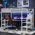 Metal Queen Loft Bed with Wardrobe and LED Light, Queen Size Loft Bed with L Shaped Desk and USB for Kids Teens Adults, White